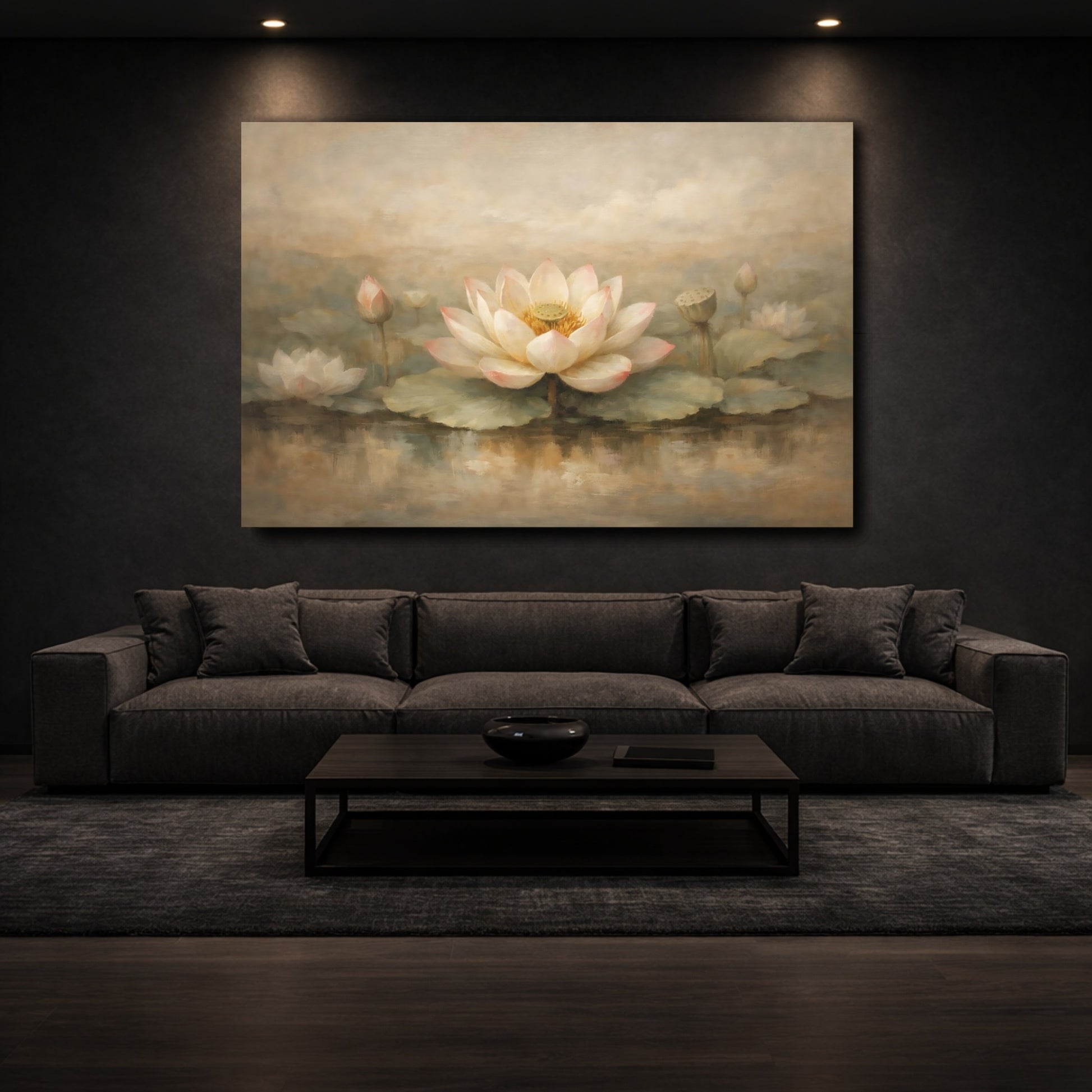 Mockup 2. Floral Lotus Flower Beige Pink shown as stretched canvas wall art