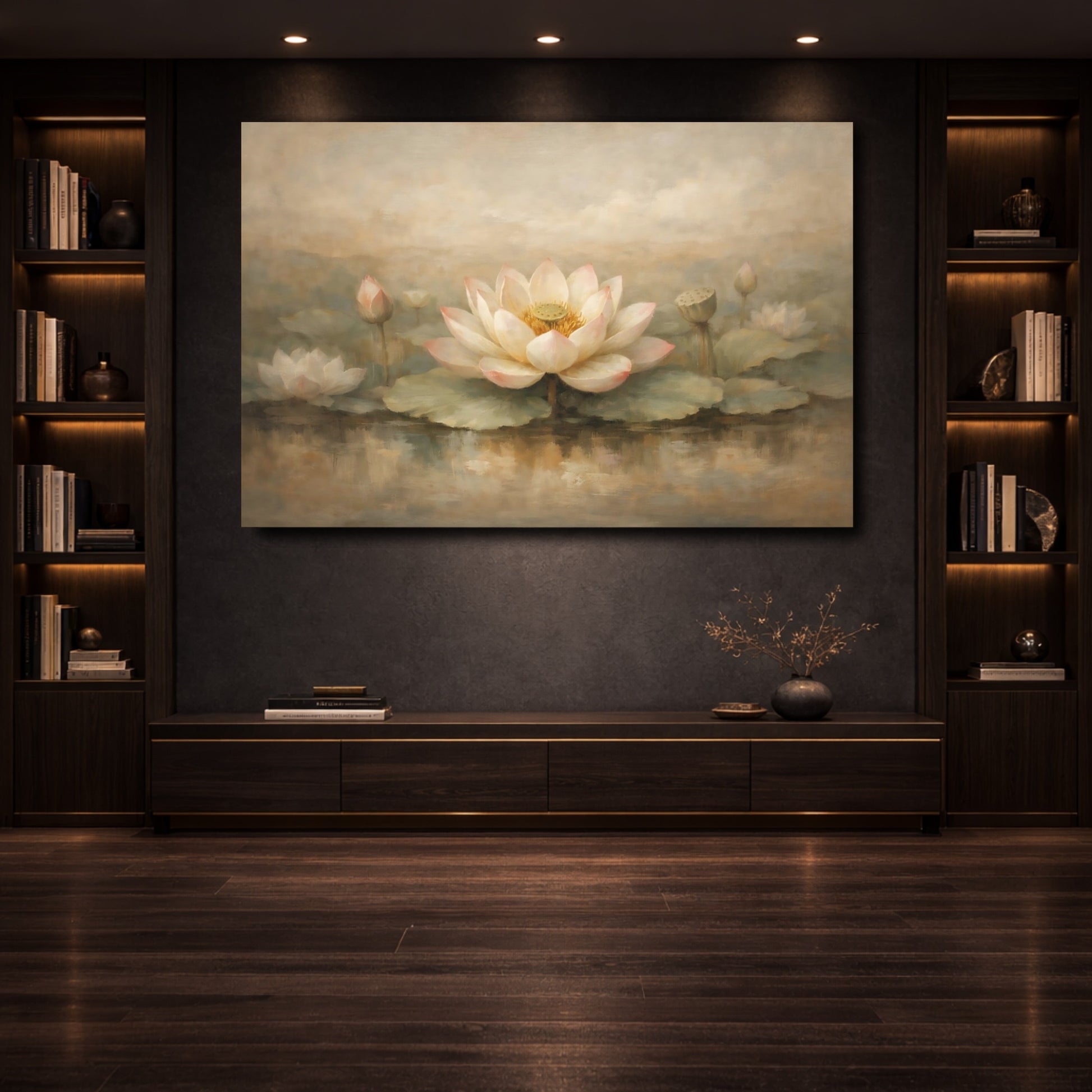 Mockup 3. Floral Lotus Flower Beige Pink shown as stretched canvas wall art