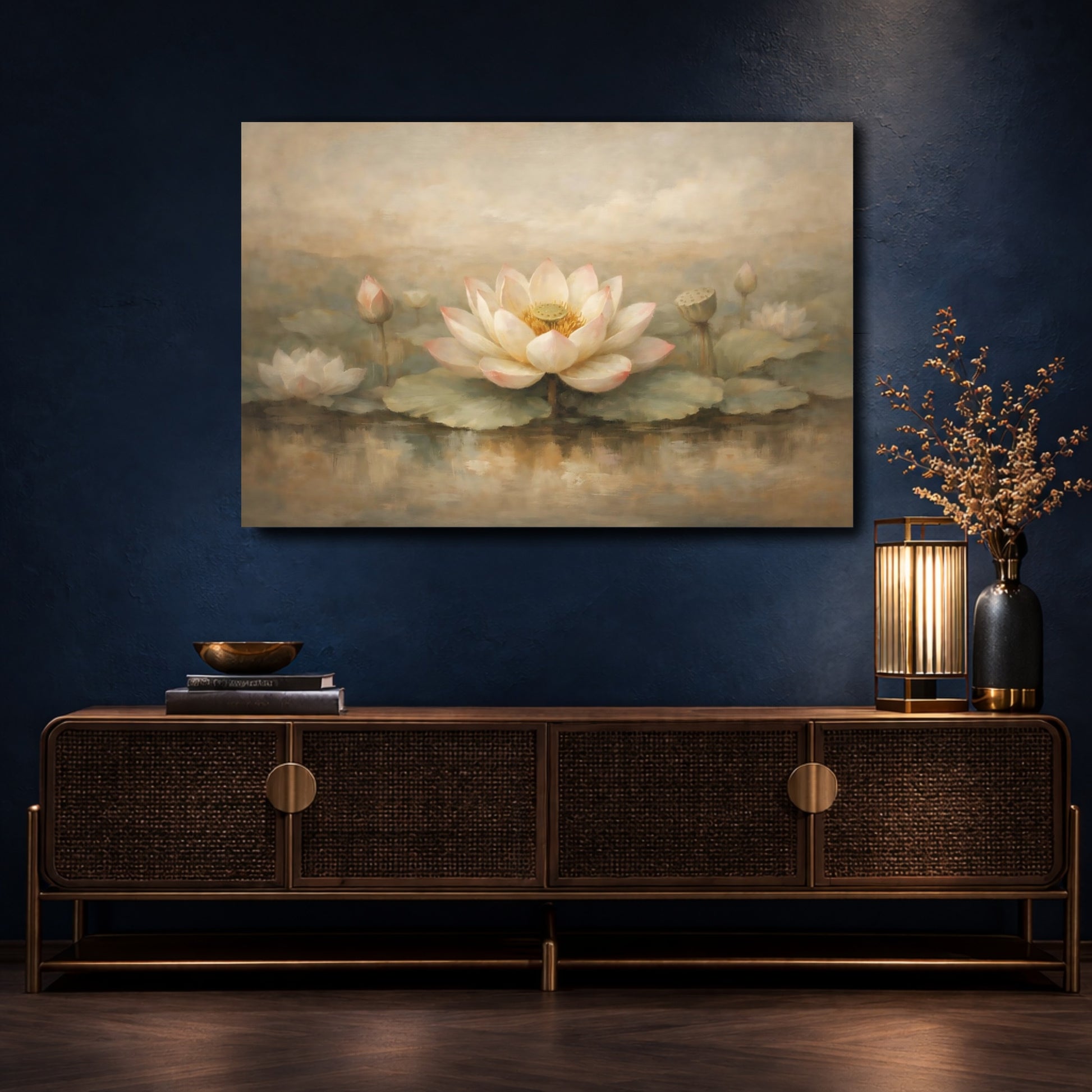 Mockup 4. Floral Lotus Flower Beige Pink shown as stretched canvas wall art