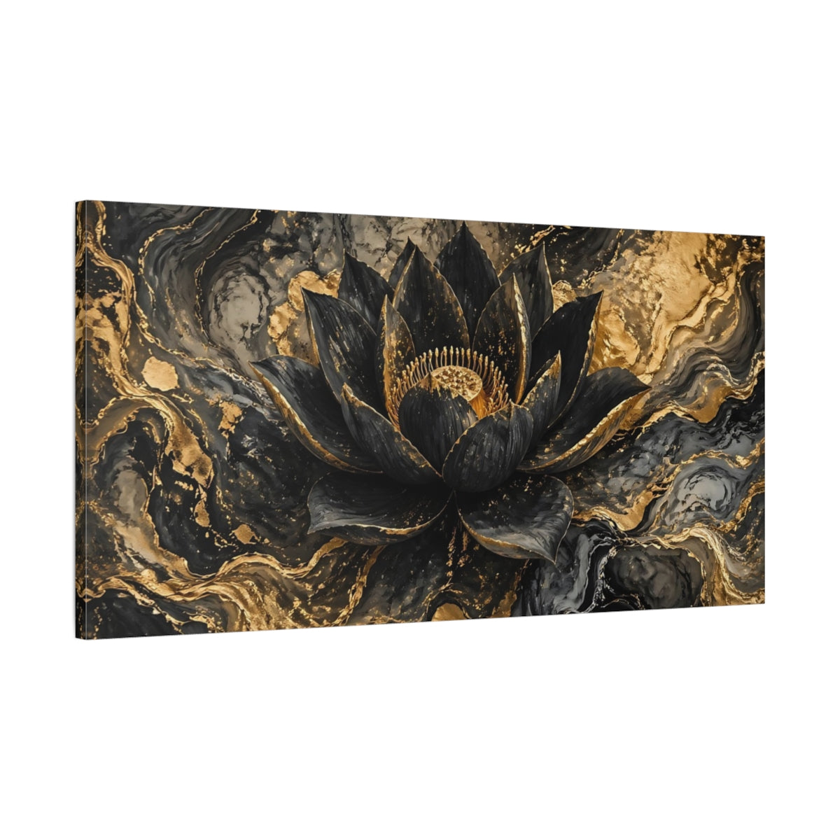 Main Mockup. Floral Lotus Flower Black And Gold shown as stretched canvas wall art