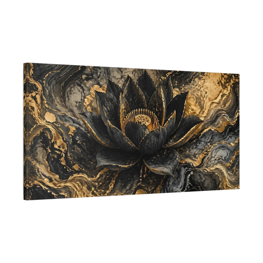Main Mockup. Floral Lotus Flower Black And Gold shown as stretched canvas wall art