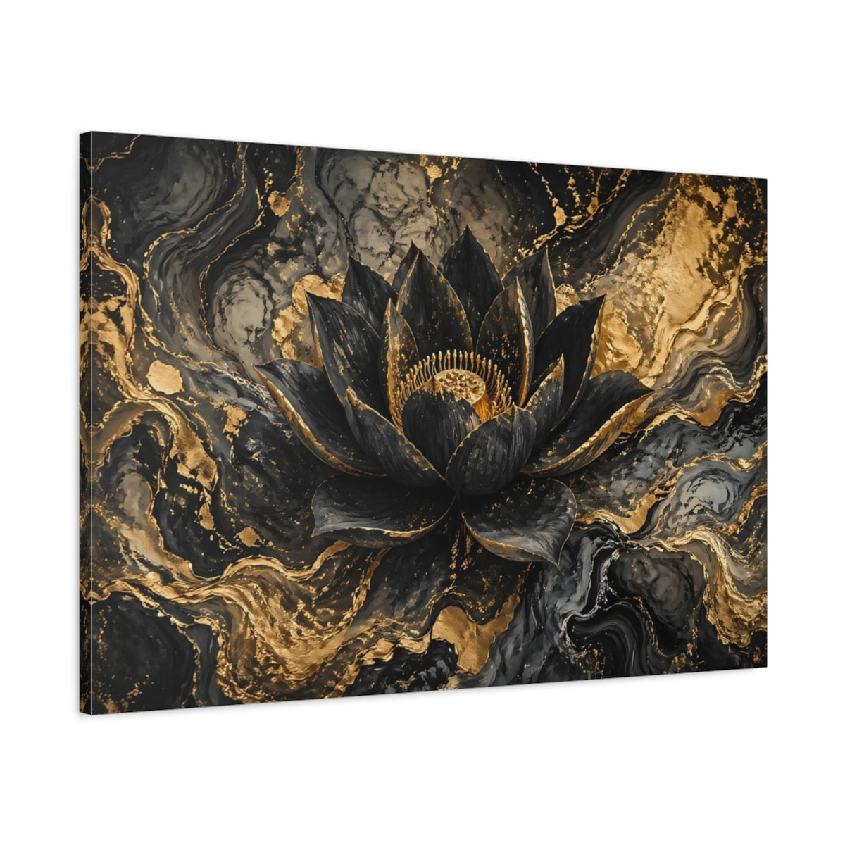 Main Mockup. Floral Lotus Flower Black And Gold shown as stretched canvas wall art