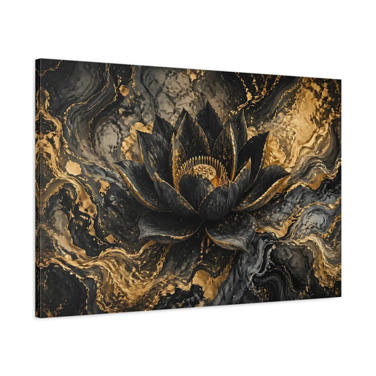 Main Mockup. Floral Lotus Flower Black And Gold shown as stretched canvas wall art