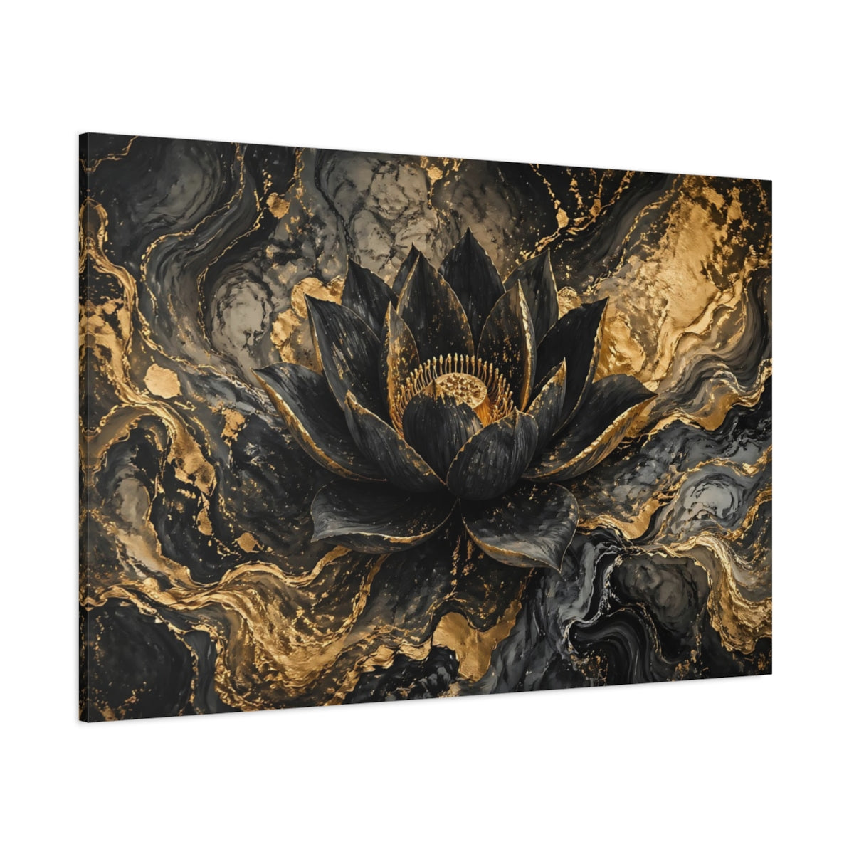 Side Mockup 1. Floral Lotus Flower Black And Gold shown as stretched canvas wall art