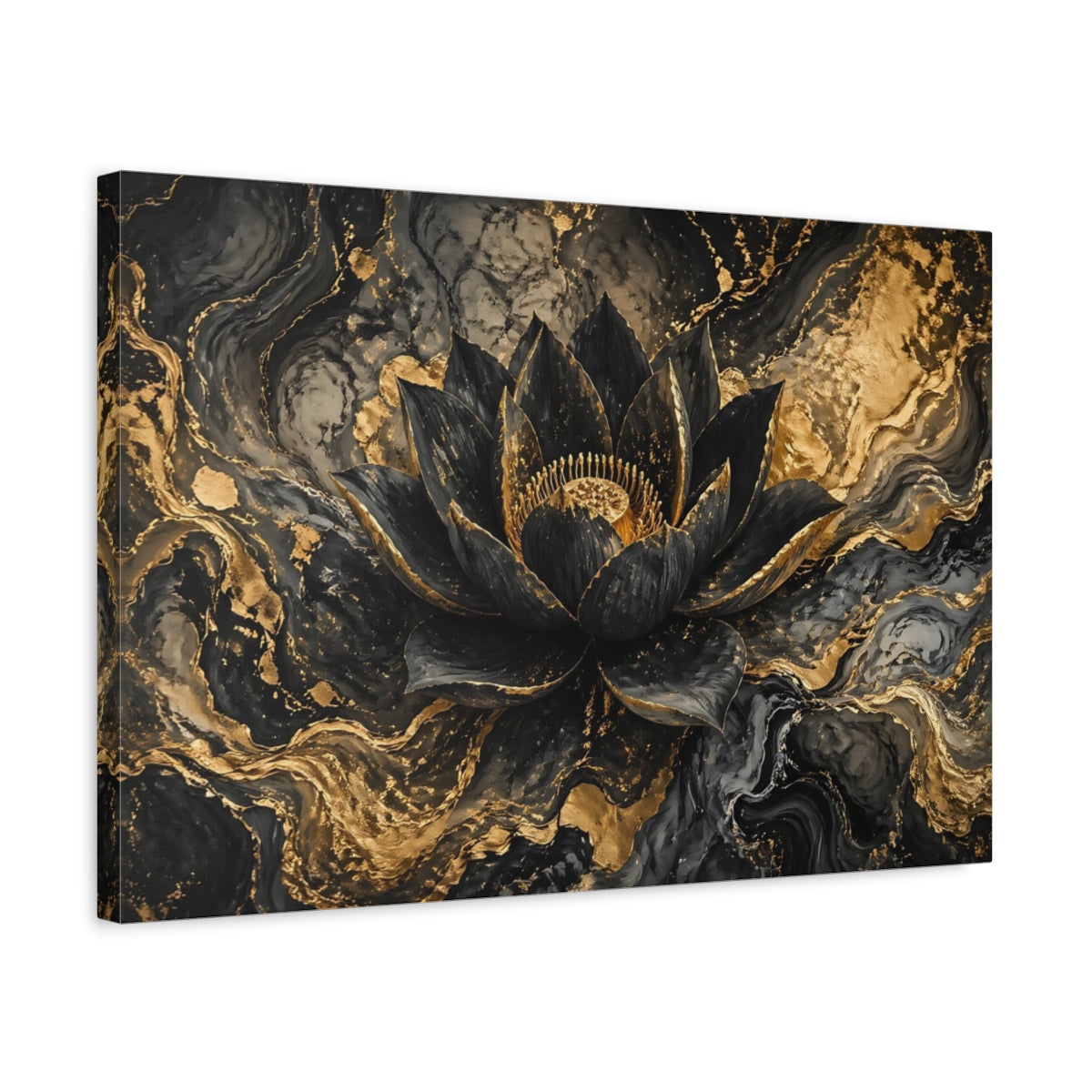 Side Mockup 3. Floral Lotus Flower Black And Gold shown as stretched canvas wall art