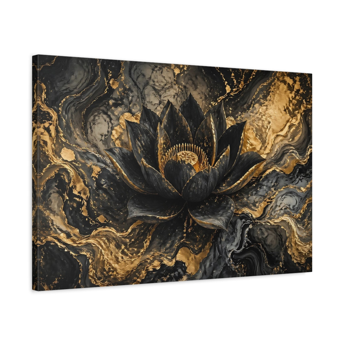 Side Mockup 2. Floral Lotus Flower Black And Gold shown as stretched canvas wall art