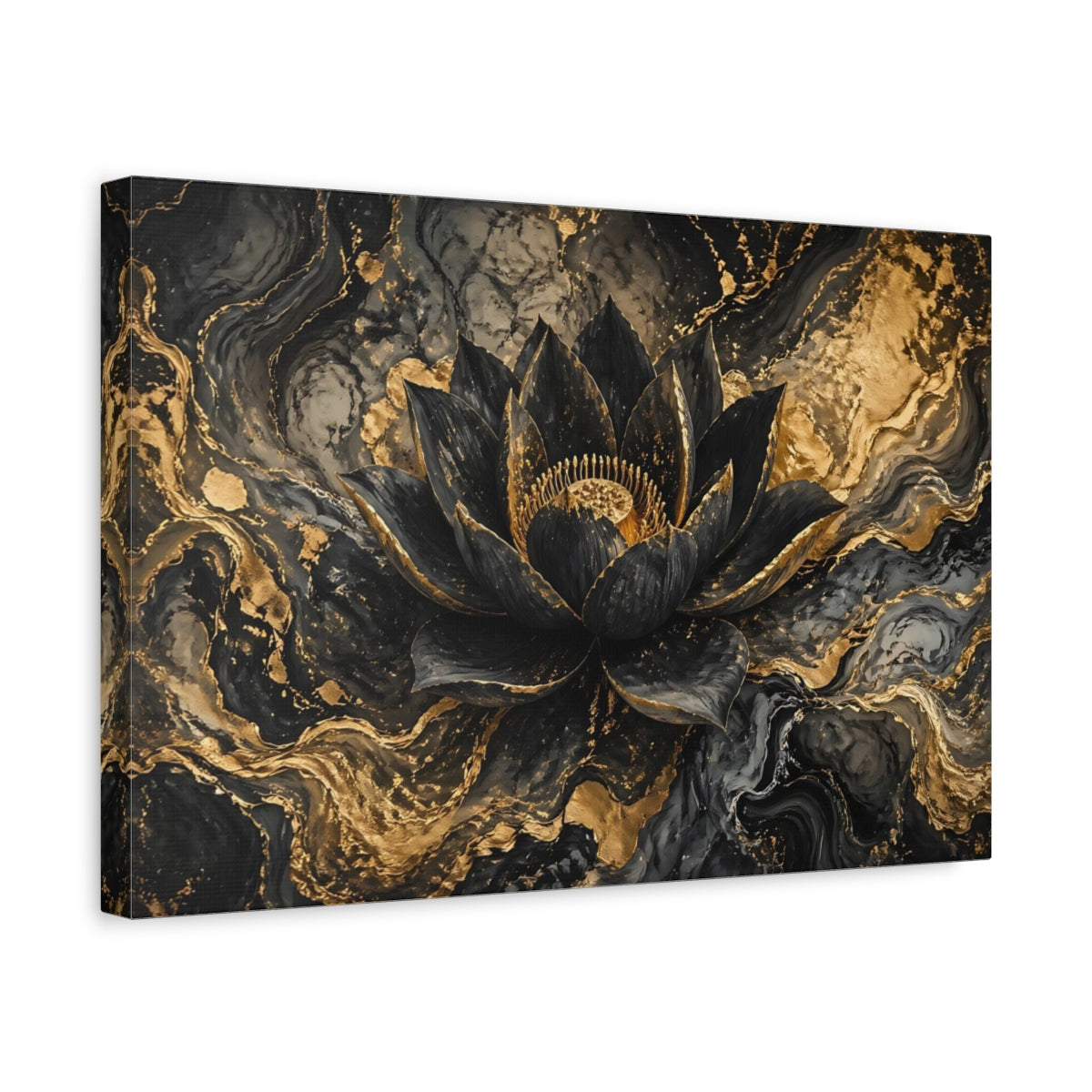 Side Mockup 4. Floral Lotus Flower Black And Gold shown as stretched canvas wall art