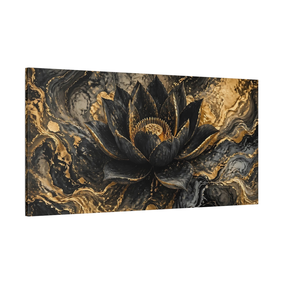 Side Mockup 2. Floral Lotus Flower Black And Gold shown as stretched canvas wall art