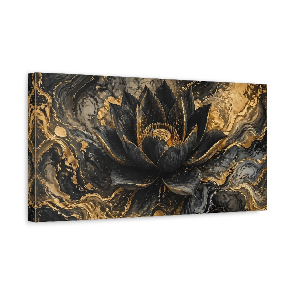 Side Mockup 3. Floral Lotus Flower Black And Gold shown as stretched canvas wall art