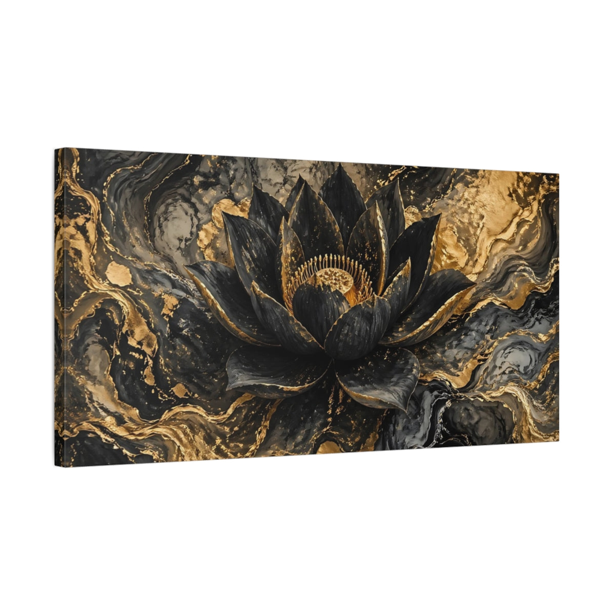 Side Mockup 1. Floral Lotus Flower Black And Gold shown as stretched canvas wall art
