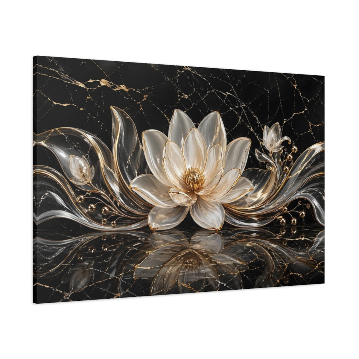 Side Mockup 1. Floral Lotus Flower Black And Gold shown as stretched canvas wall art