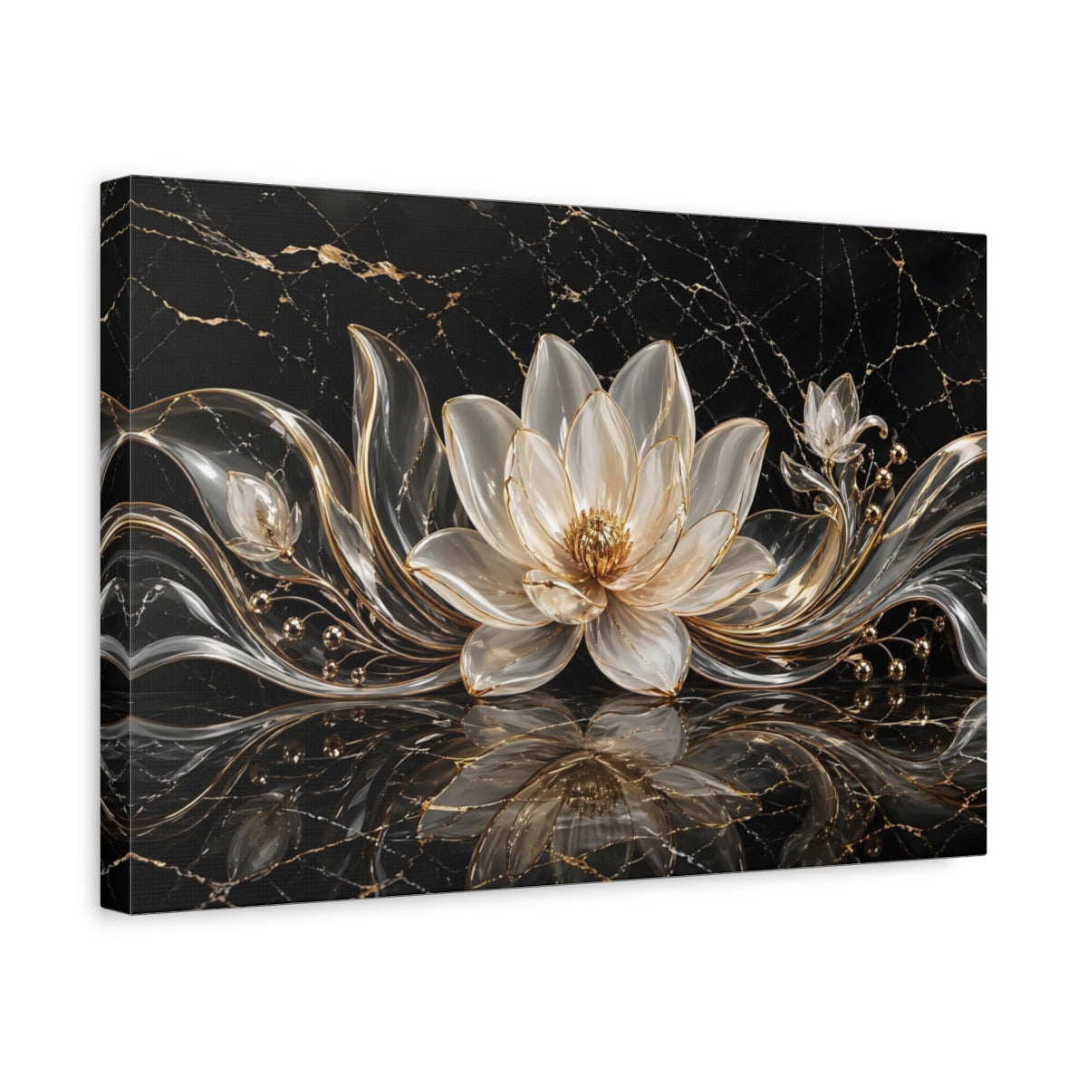 Side Mockup 4. Floral Lotus Flower Black And Gold shown as stretched canvas wall art