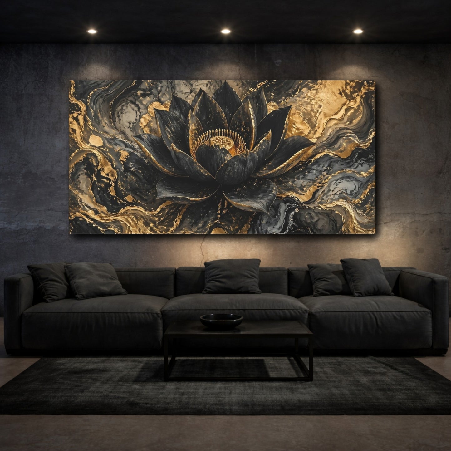 Mockup 2. Floral Lotus Flower Black And Gold shown as stretched canvas wall art