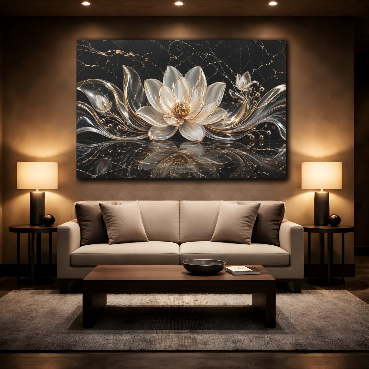 Mockup 2. Floral Lotus Flower Black And Gold shown as stretched canvas wall art