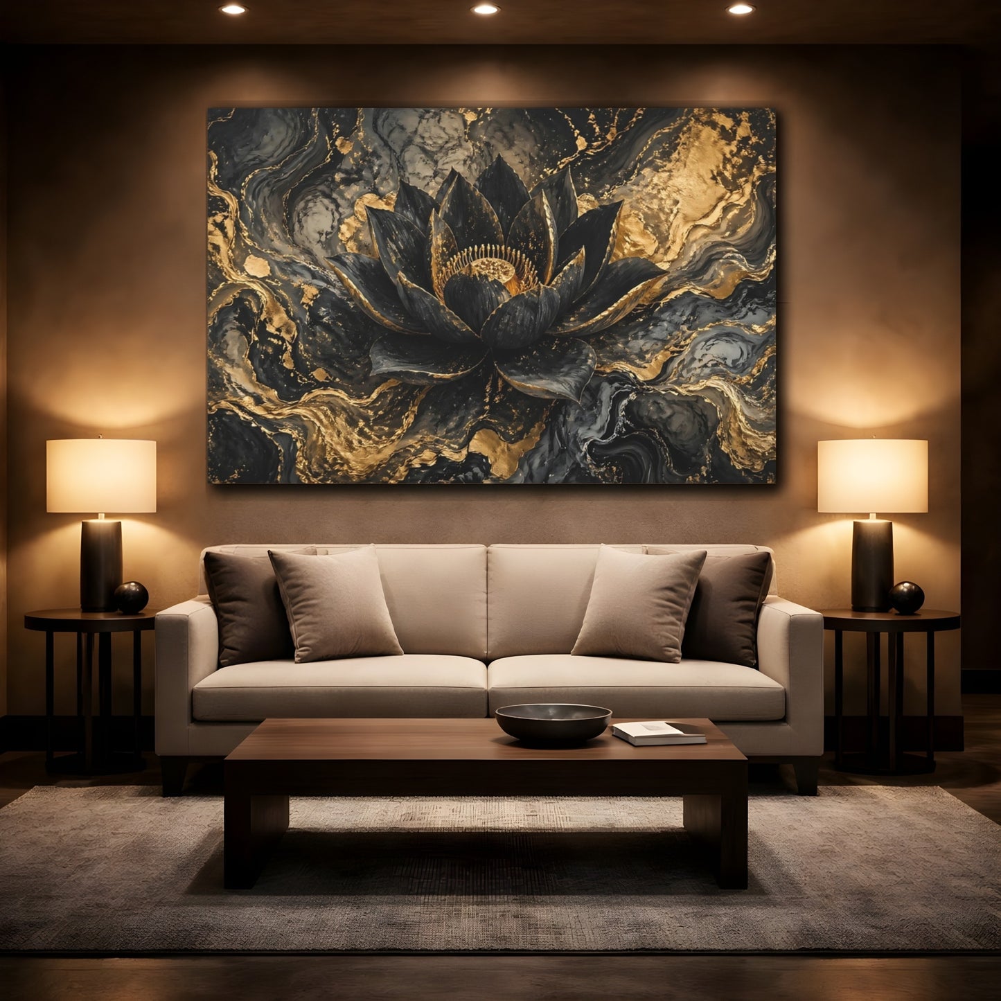 Mockup 2. Floral Lotus Flower Black And Gold shown as stretched canvas wall art
