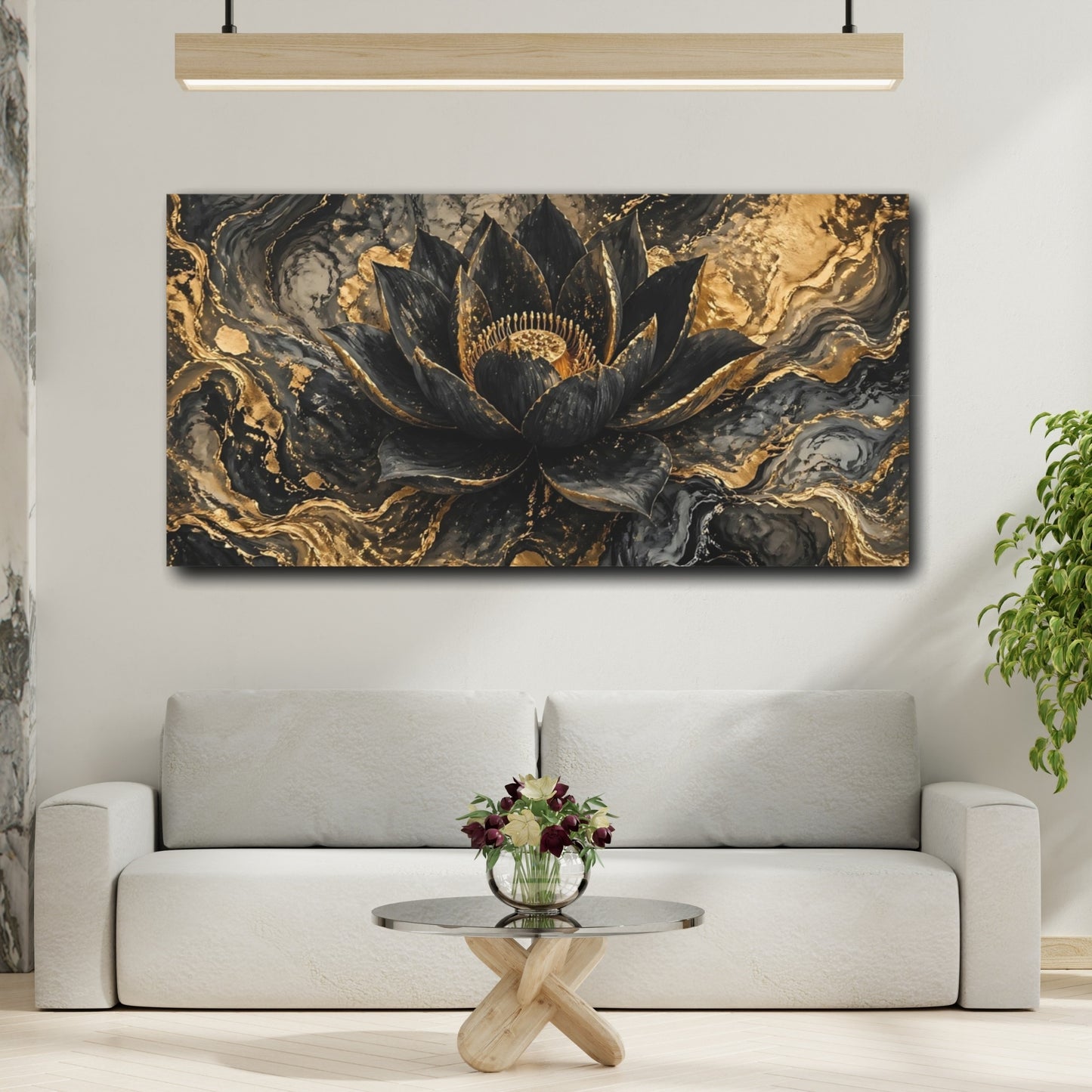Mockup 3. Floral Lotus Flower Black And Gold shown as stretched canvas wall art