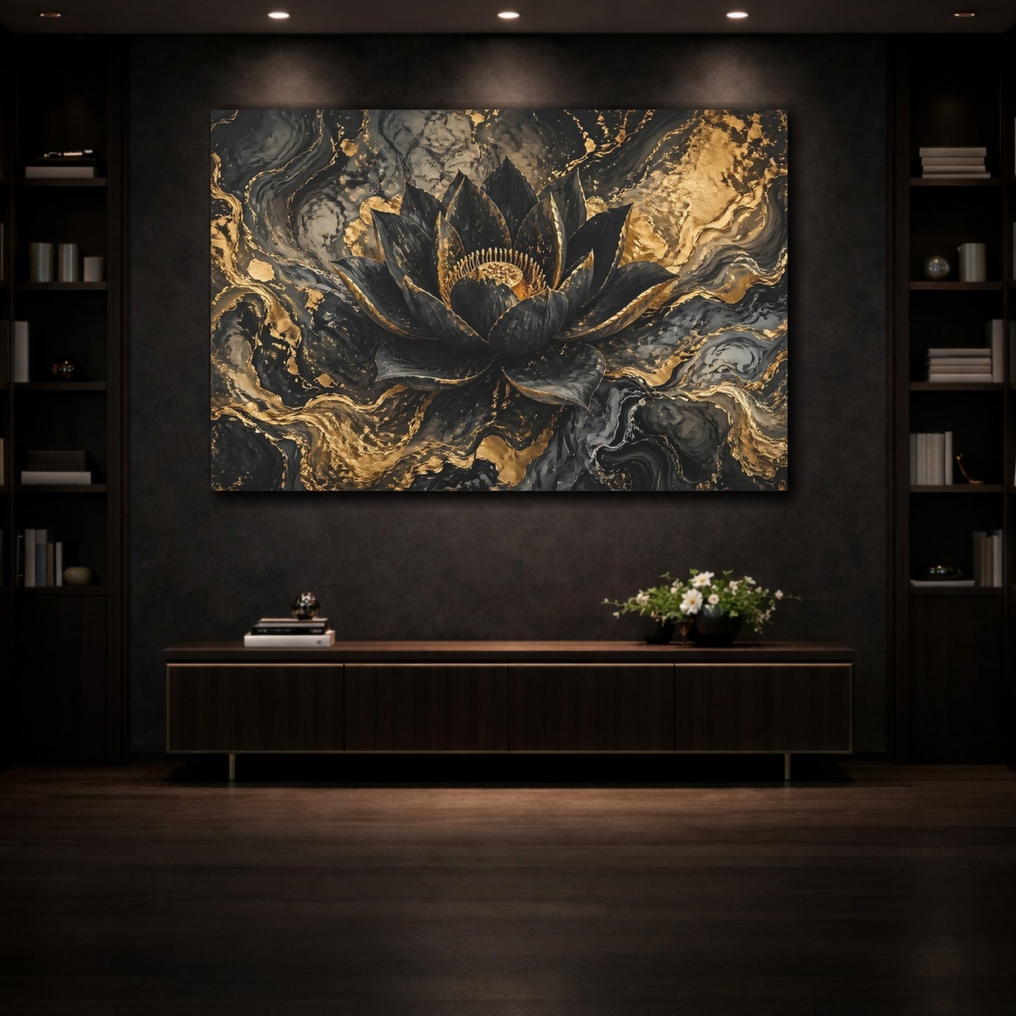 Mockup 3. Floral Lotus Flower Black And Gold shown as stretched canvas wall art