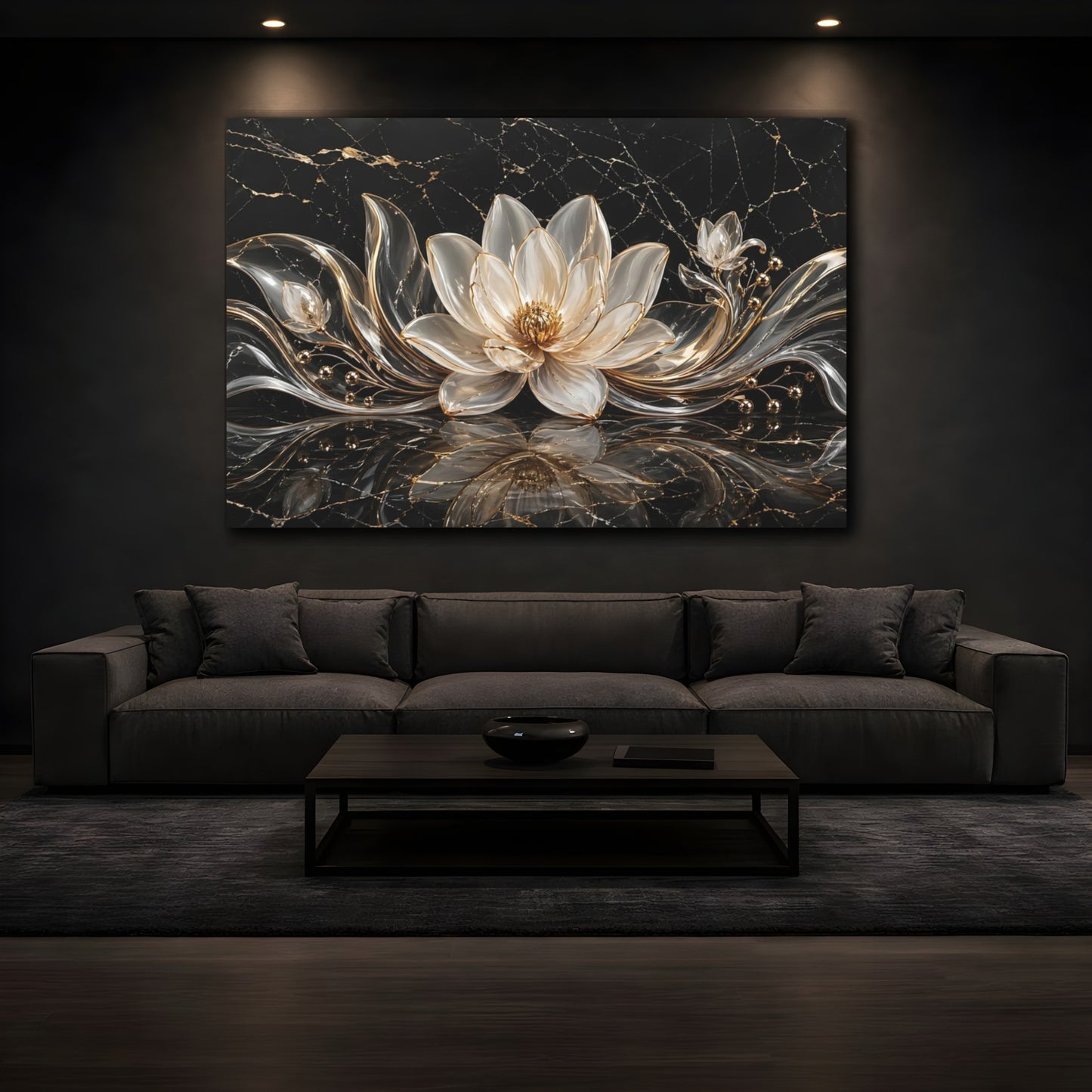 Mockup 3. Floral Lotus Flower Black And Gold shown as stretched canvas wall art