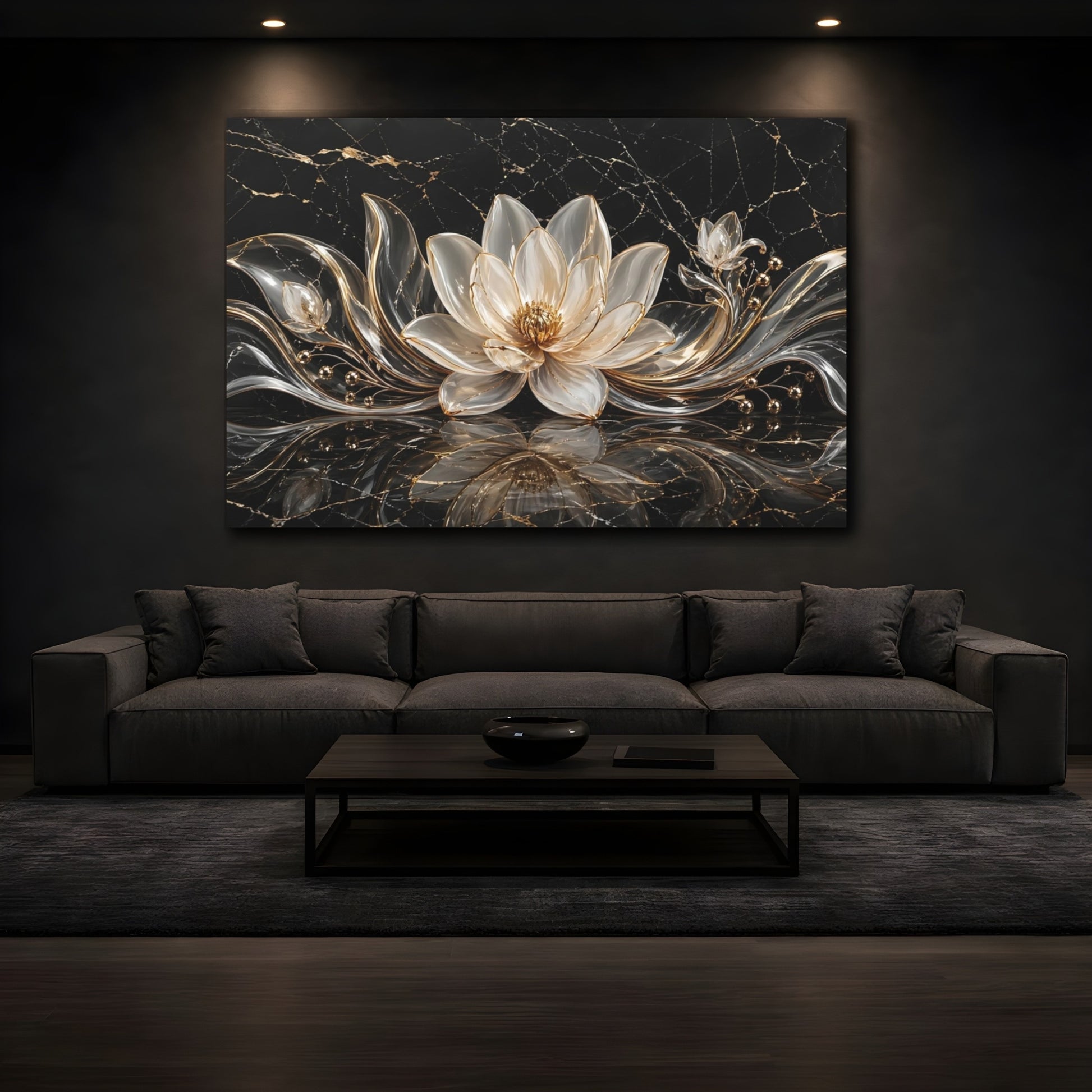 Mockup 3. Floral Lotus Flower Black And Gold shown as stretched canvas wall art