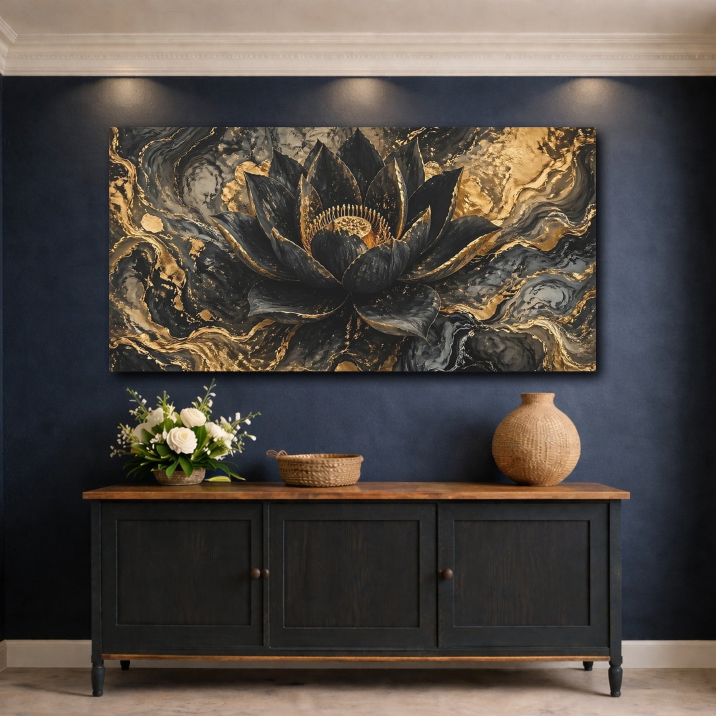 Mockup 4. Floral Lotus Flower Black And Gold shown as stretched canvas wall art