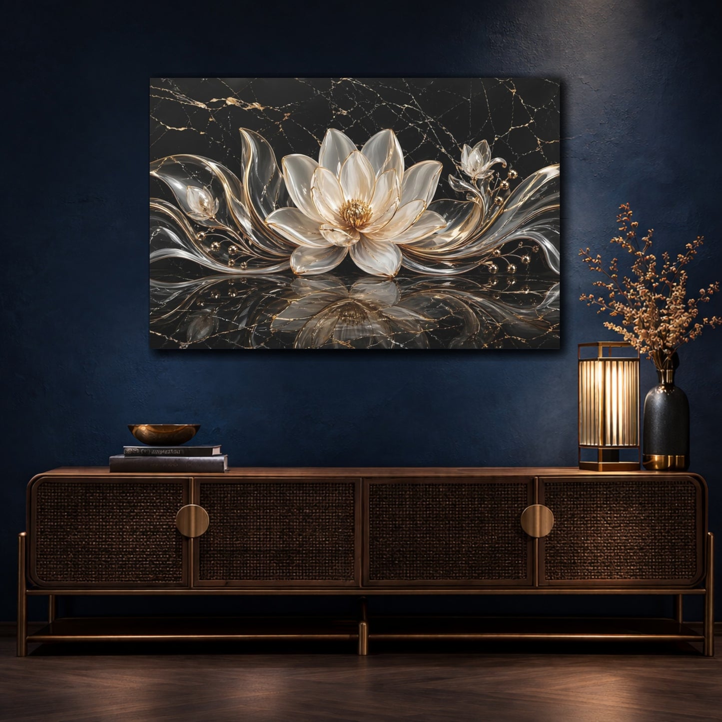 Mockup 4. Floral Lotus Flower Black And Gold shown as stretched canvas wall art