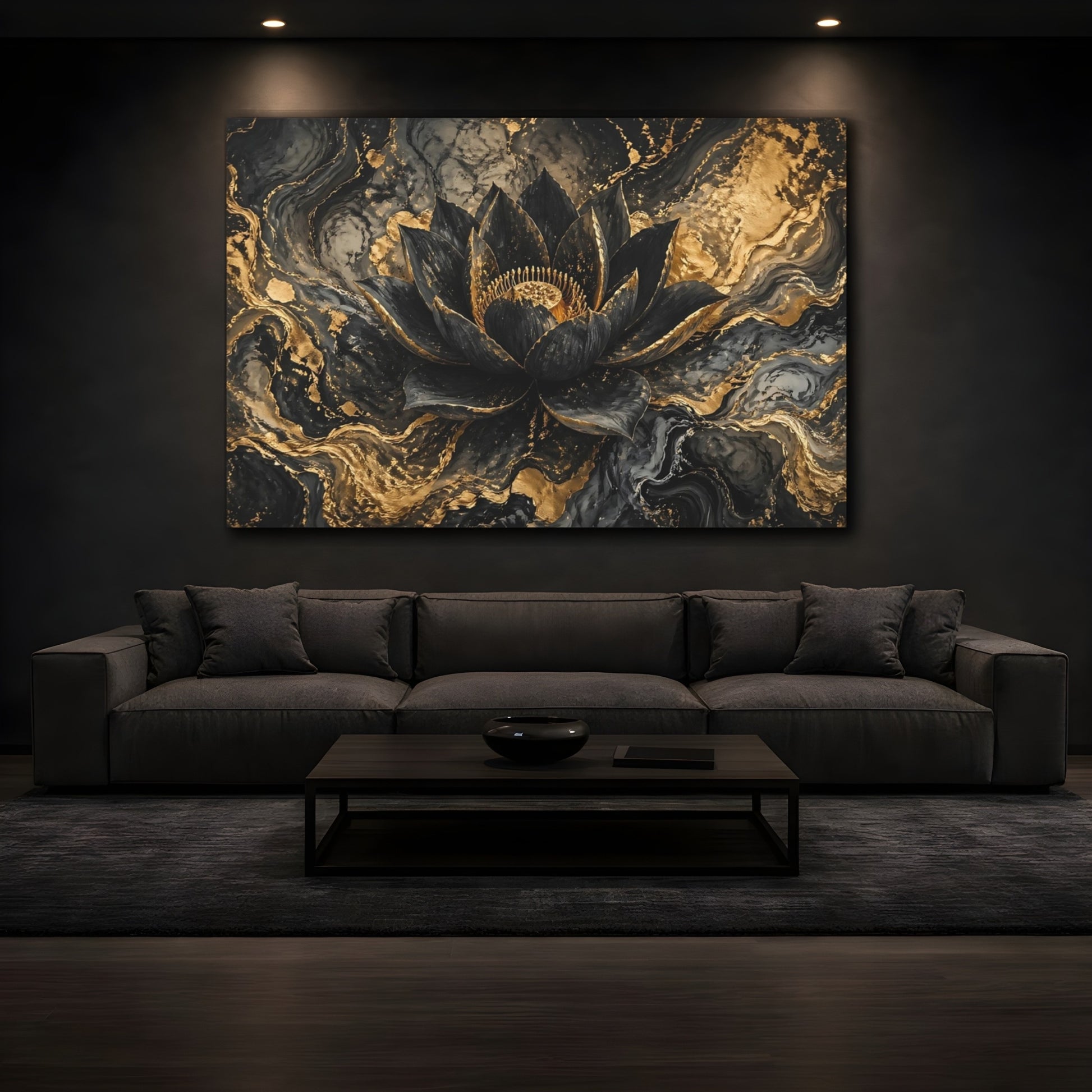 Mockup 4. Floral Lotus Flower Black And Gold shown as stretched canvas wall art