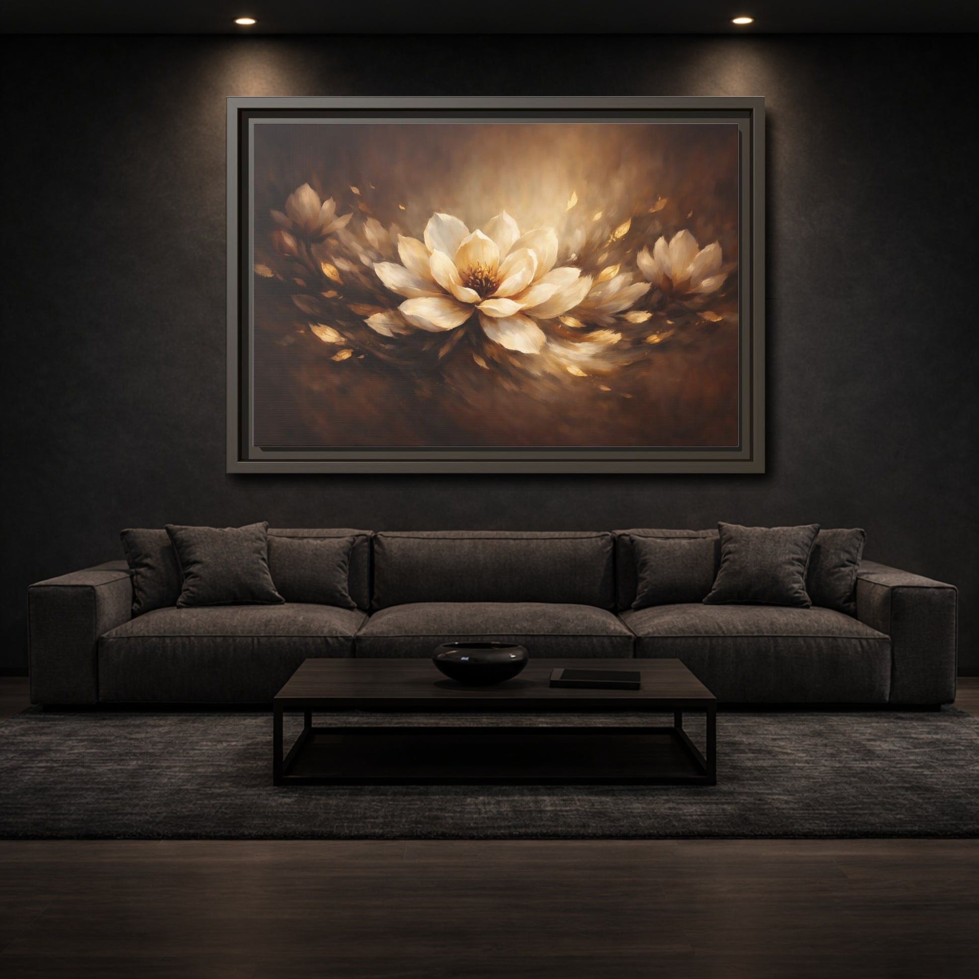Mockup 2. Floral Lotus Flower Brown And Gold Floral shown as stretched canvas wall art