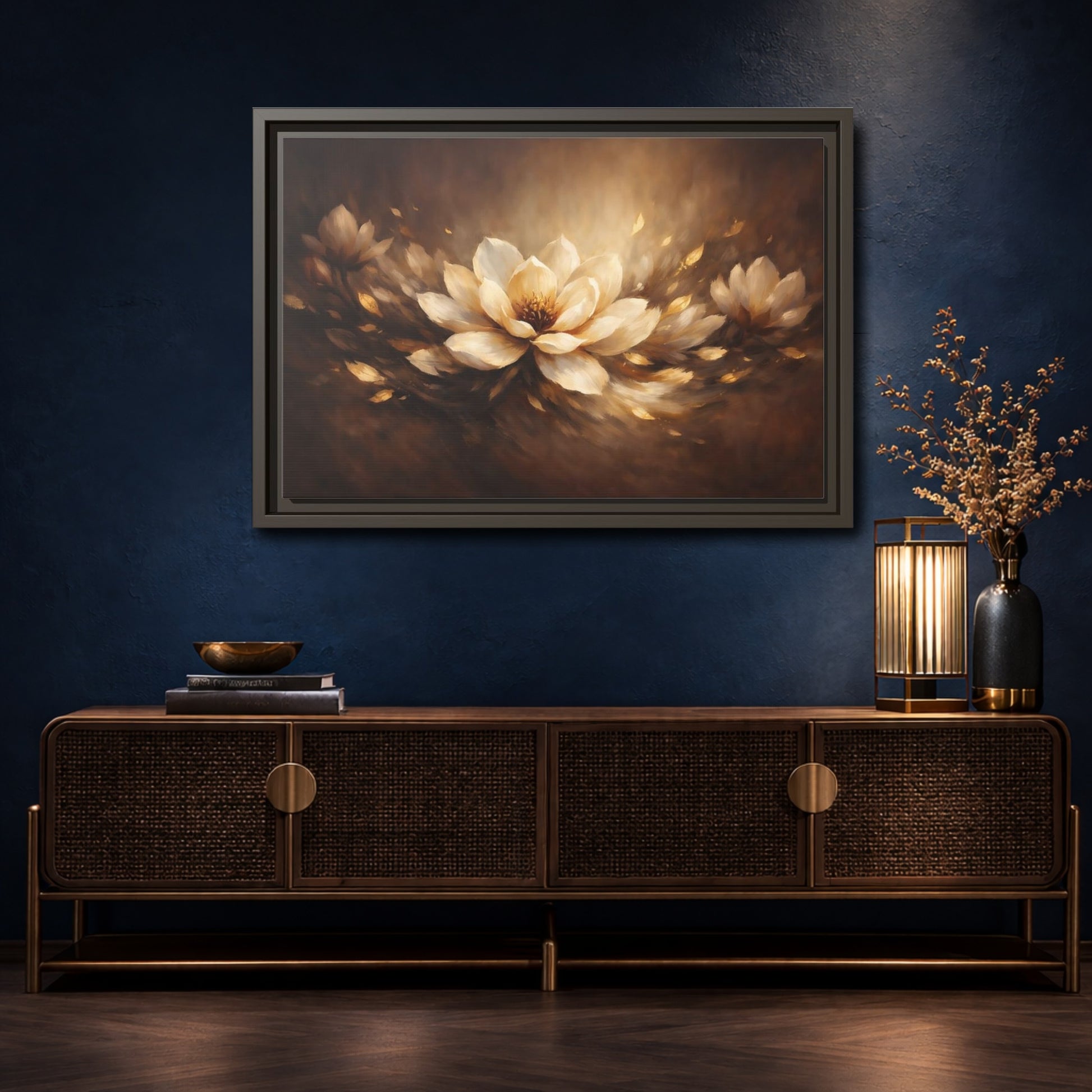 Mockup 4. Floral Lotus Flower Brown And Gold Floral shown as stretched canvas wall art