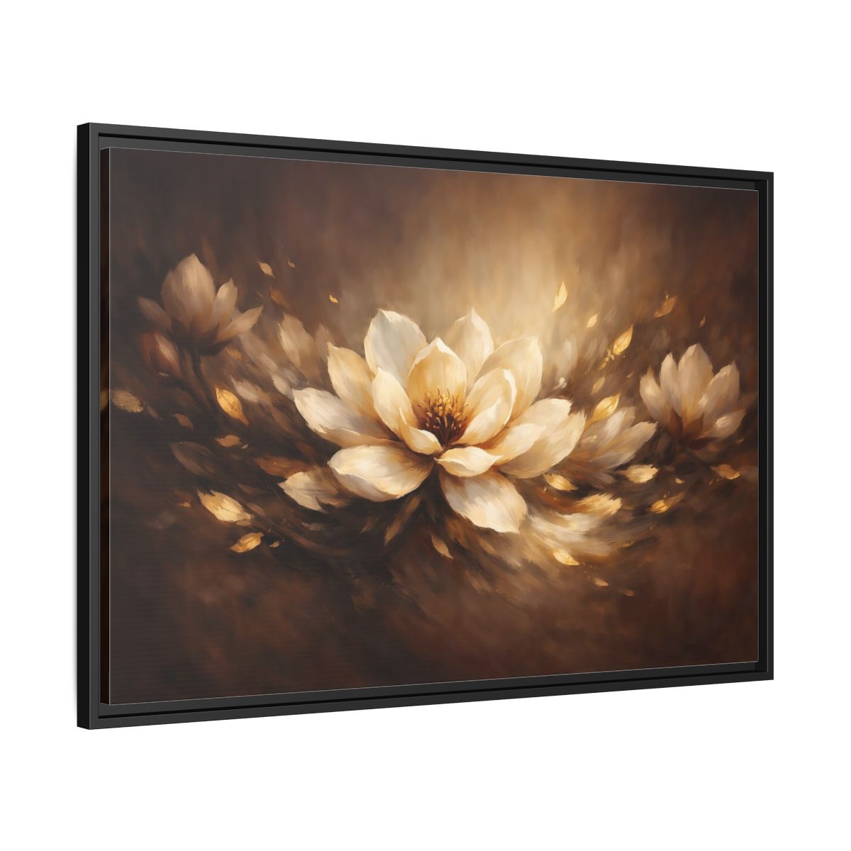 Side Mockup 13. Floral Lotus Flower Brown And Gold Floral shown as stretched canvas wall art