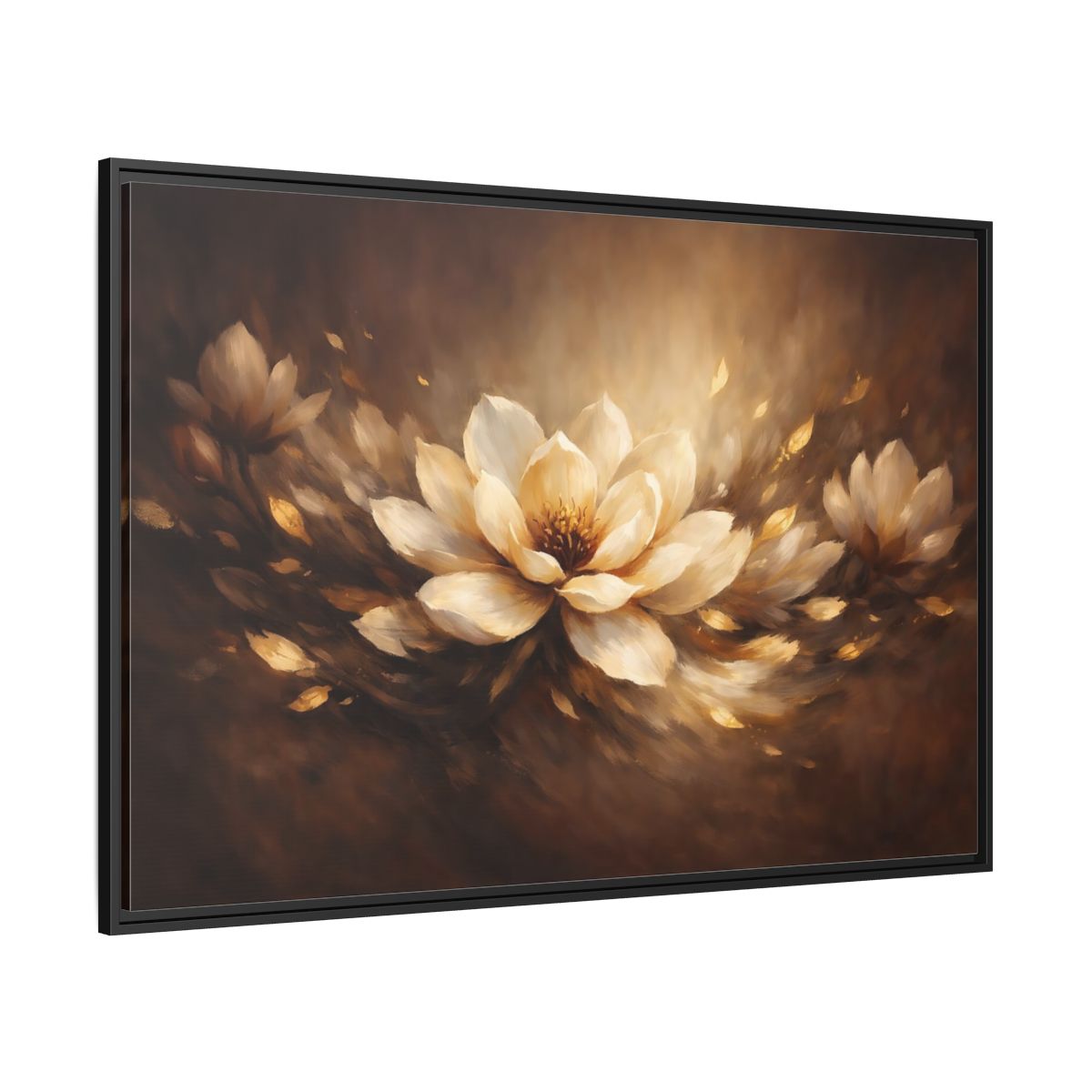 Side Mockup 12. Floral Lotus Flower Brown And Gold Floral shown as stretched canvas wall art