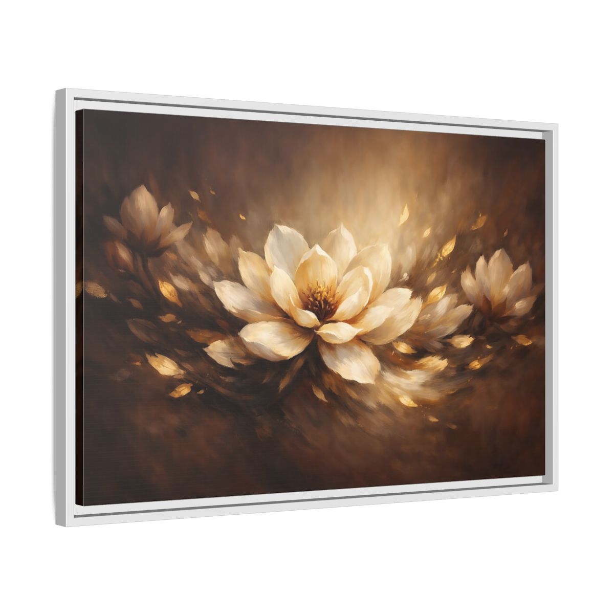 Side Mockup 10. Floral Lotus Flower Brown And Gold Floral shown as stretched canvas wall art