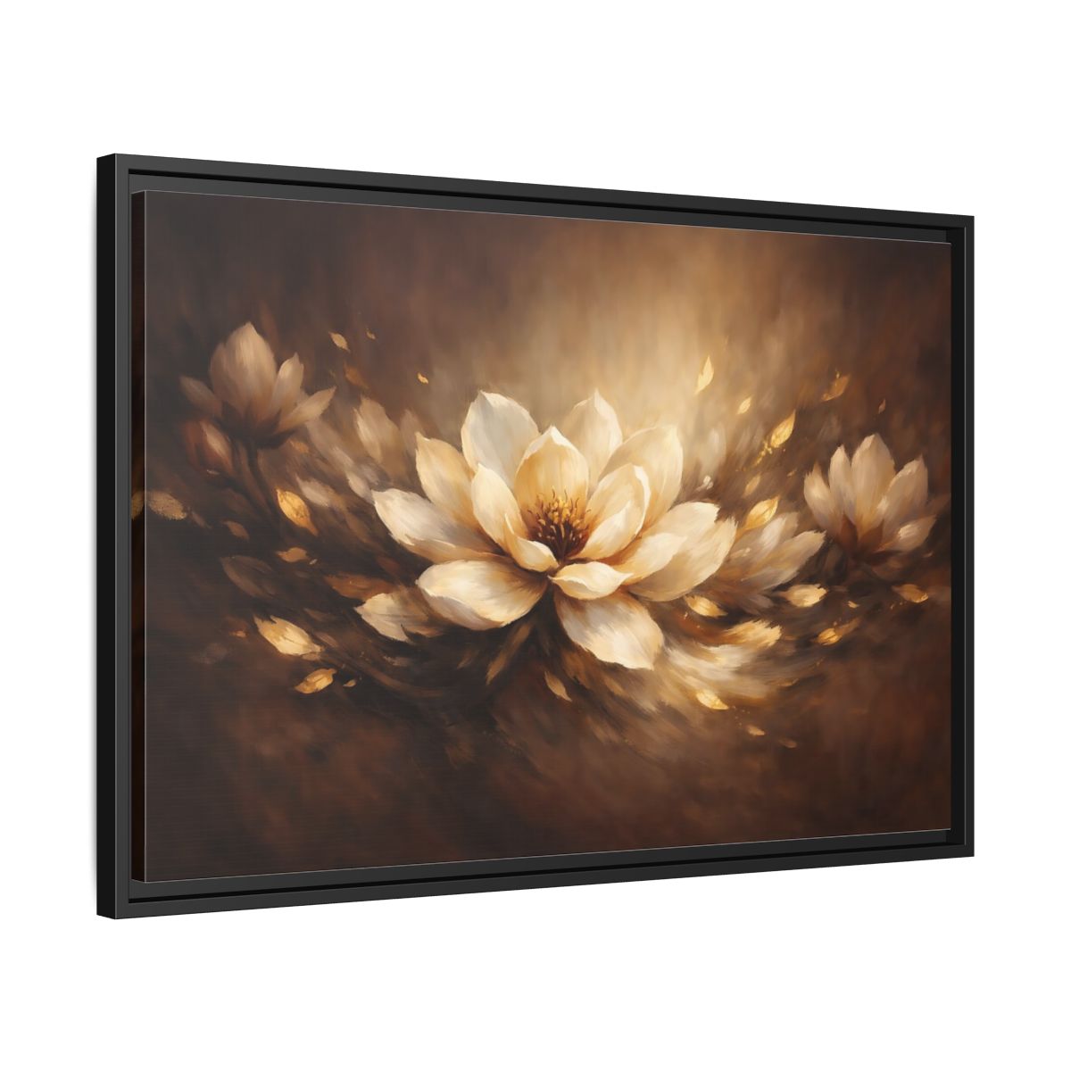 Side Mockup 14. Floral Lotus Flower Brown And Gold Floral shown as stretched canvas wall art