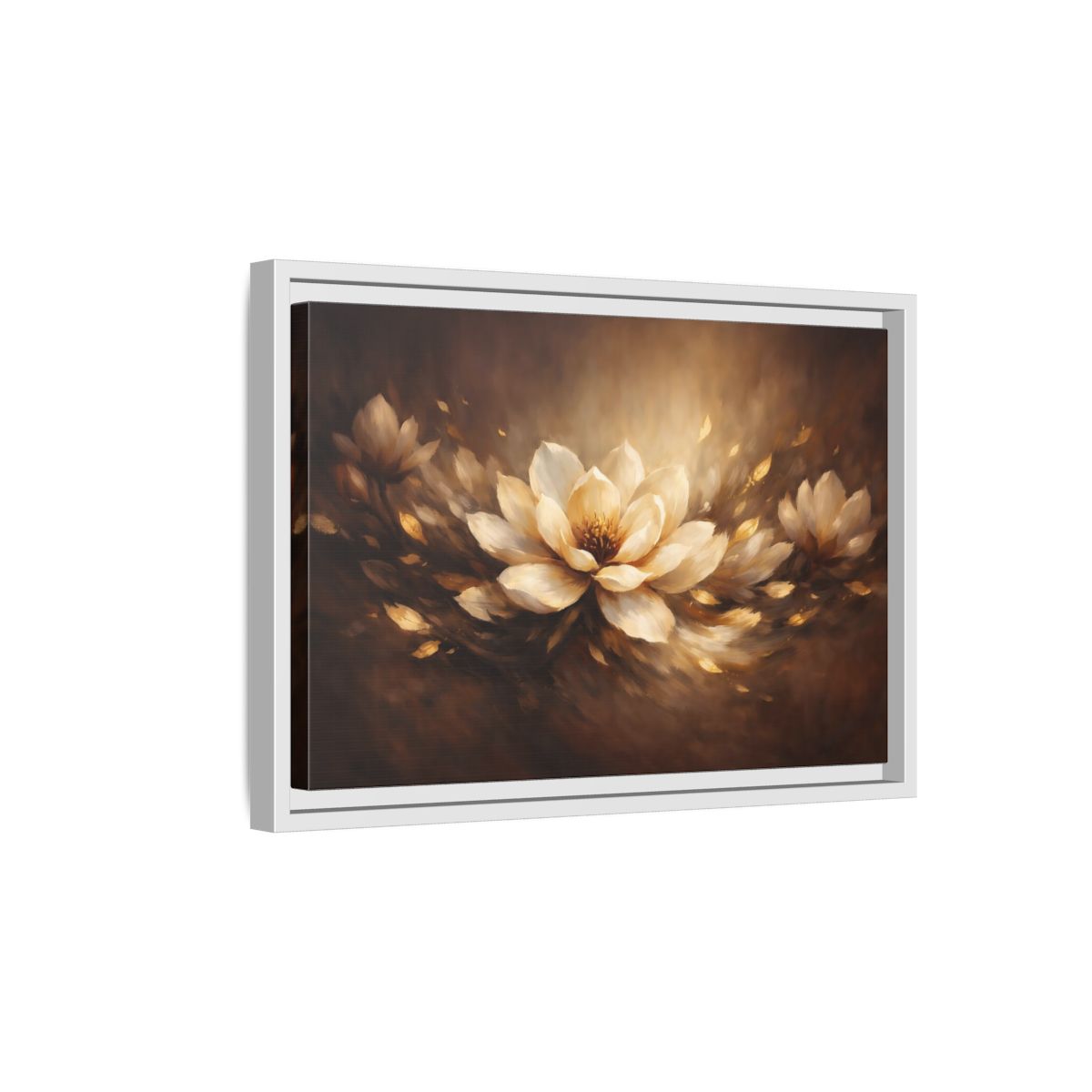 Side Mockup 4. Floral Lotus Flower Brown And Gold Floral shown as stretched canvas wall art