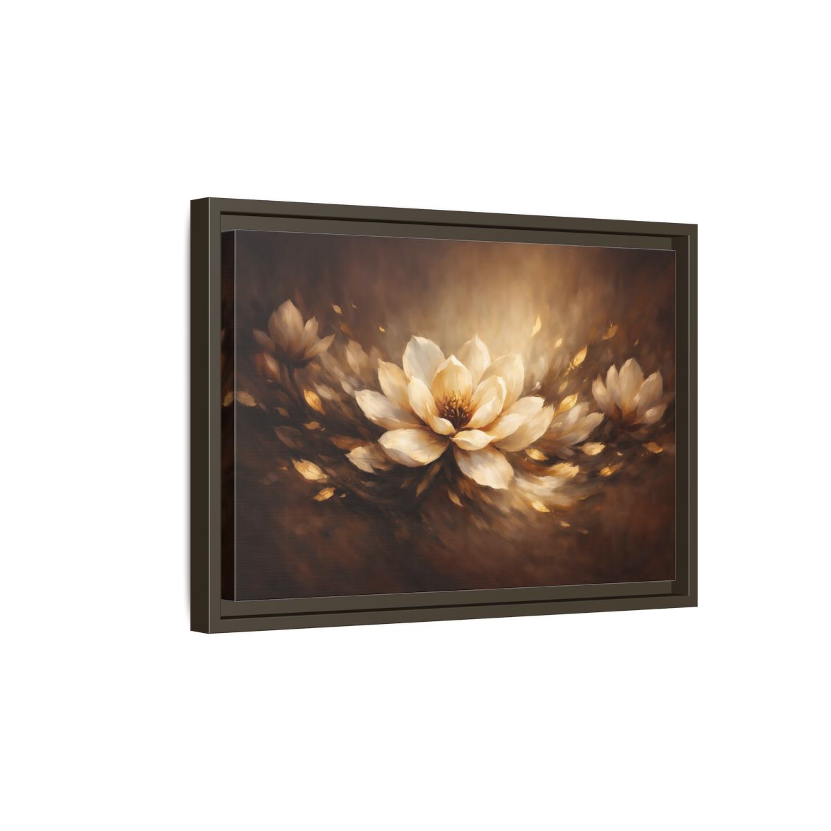 Side Mockup 5. Floral Lotus Flower Brown And Gold Floral shown as stretched canvas wall art