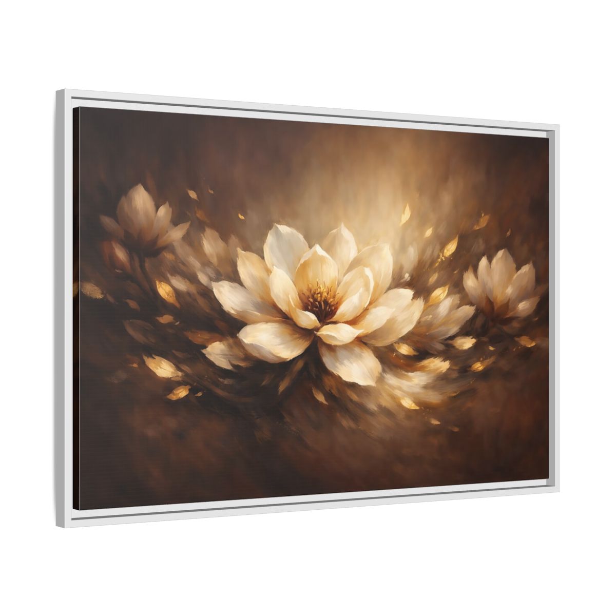 Side Mockup 8. Floral Lotus Flower Brown And Gold Floral shown as stretched canvas wall art