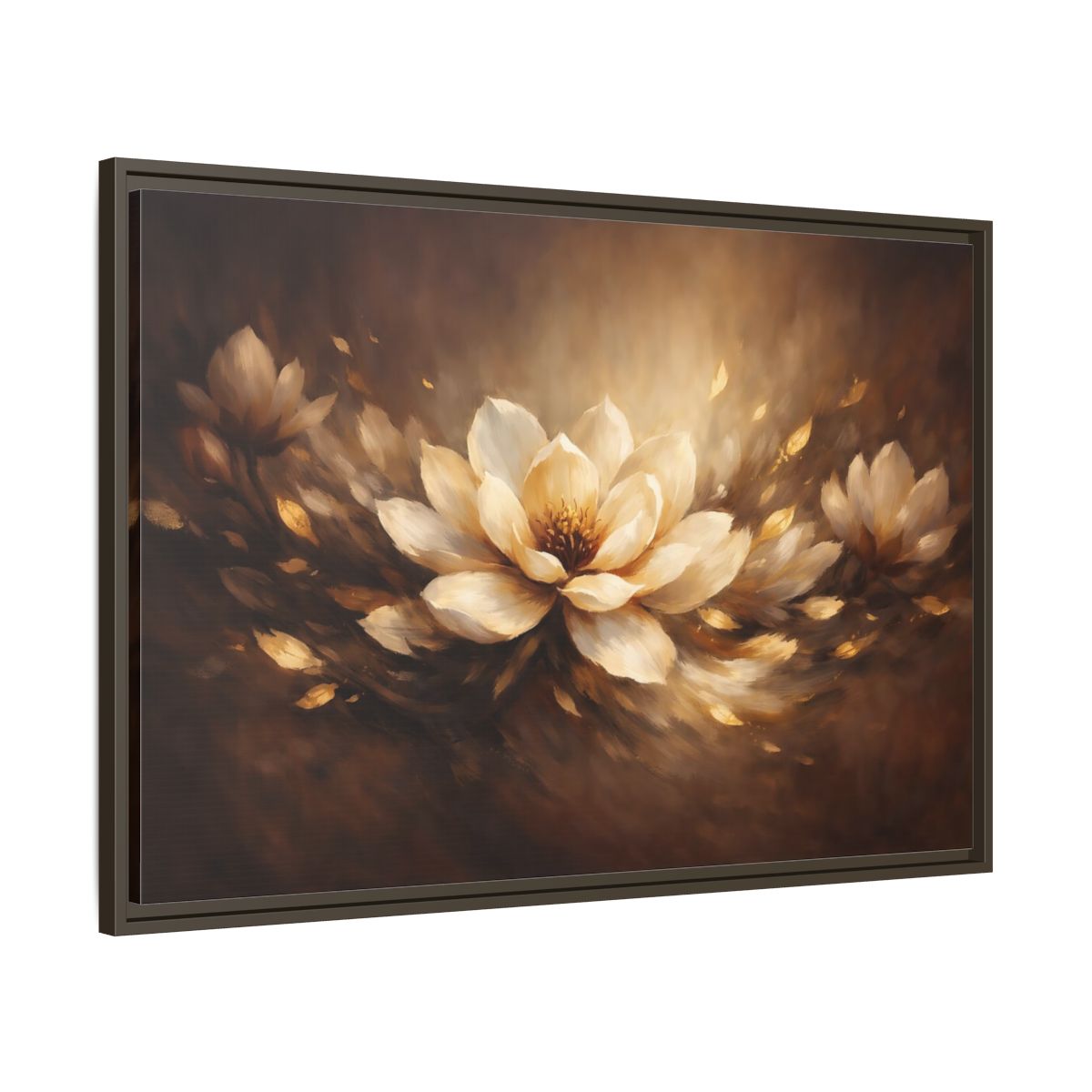 Side Mockup 9. Floral Lotus Flower Brown And Gold Floral shown as stretched canvas wall art