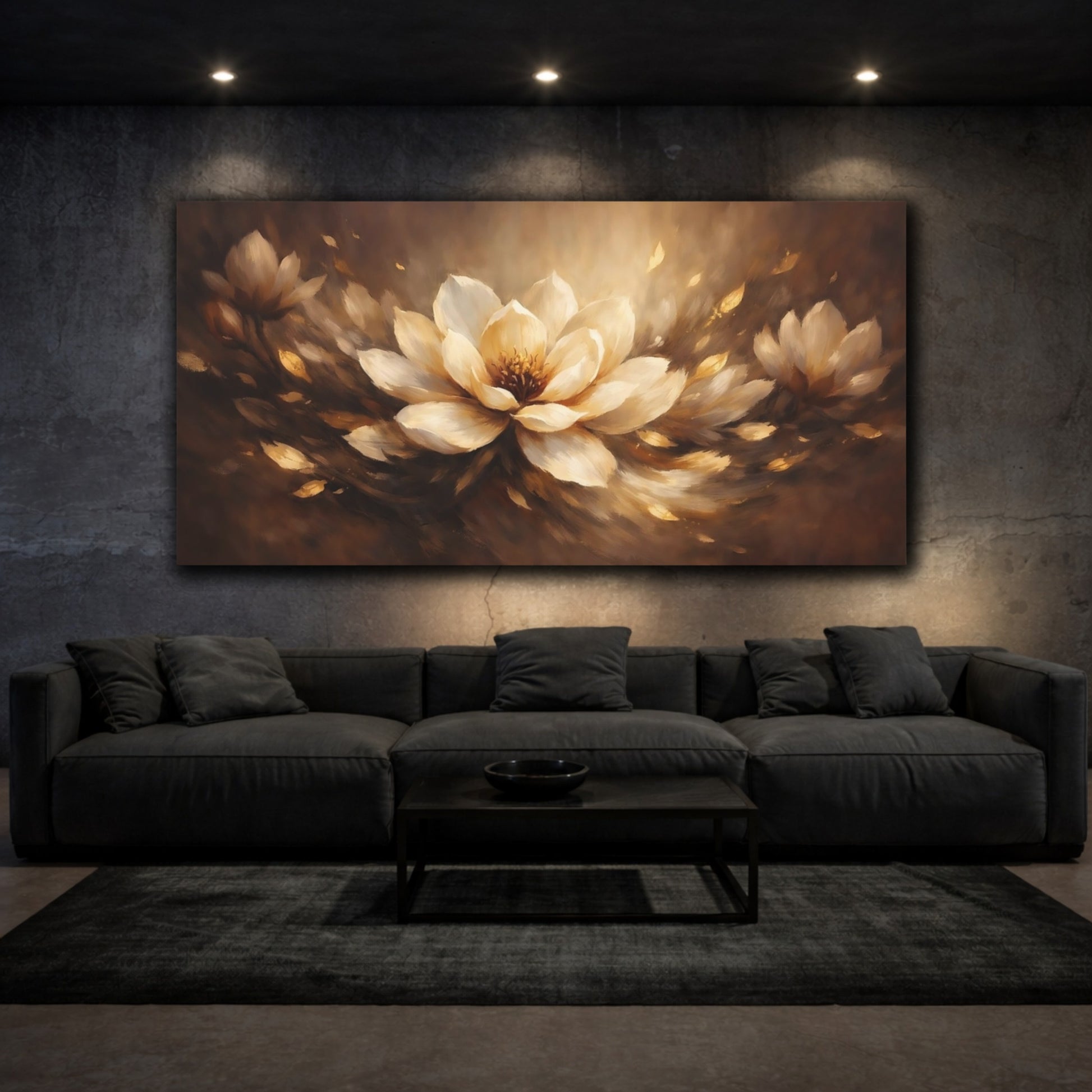 Mockup 2. Floral Lotus Flower Brown Gold Floral shown as stretched canvas wall art