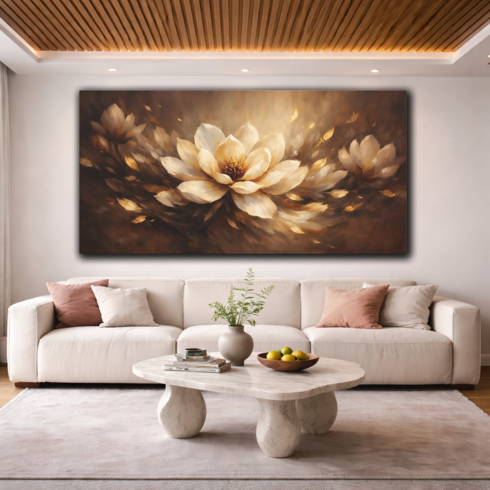 Mockup 3. Floral Lotus Flower Brown Gold Floral shown as stretched canvas wall art