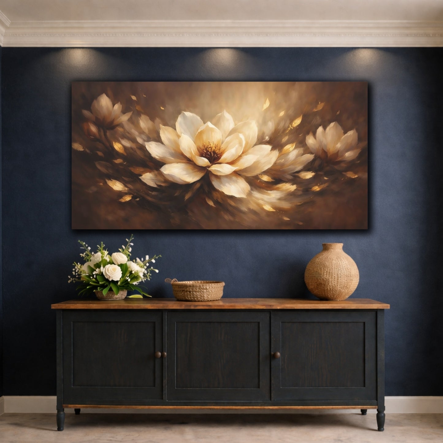 Mockup 4. Floral Lotus Flower Brown Gold Floral shown as stretched canvas wall art