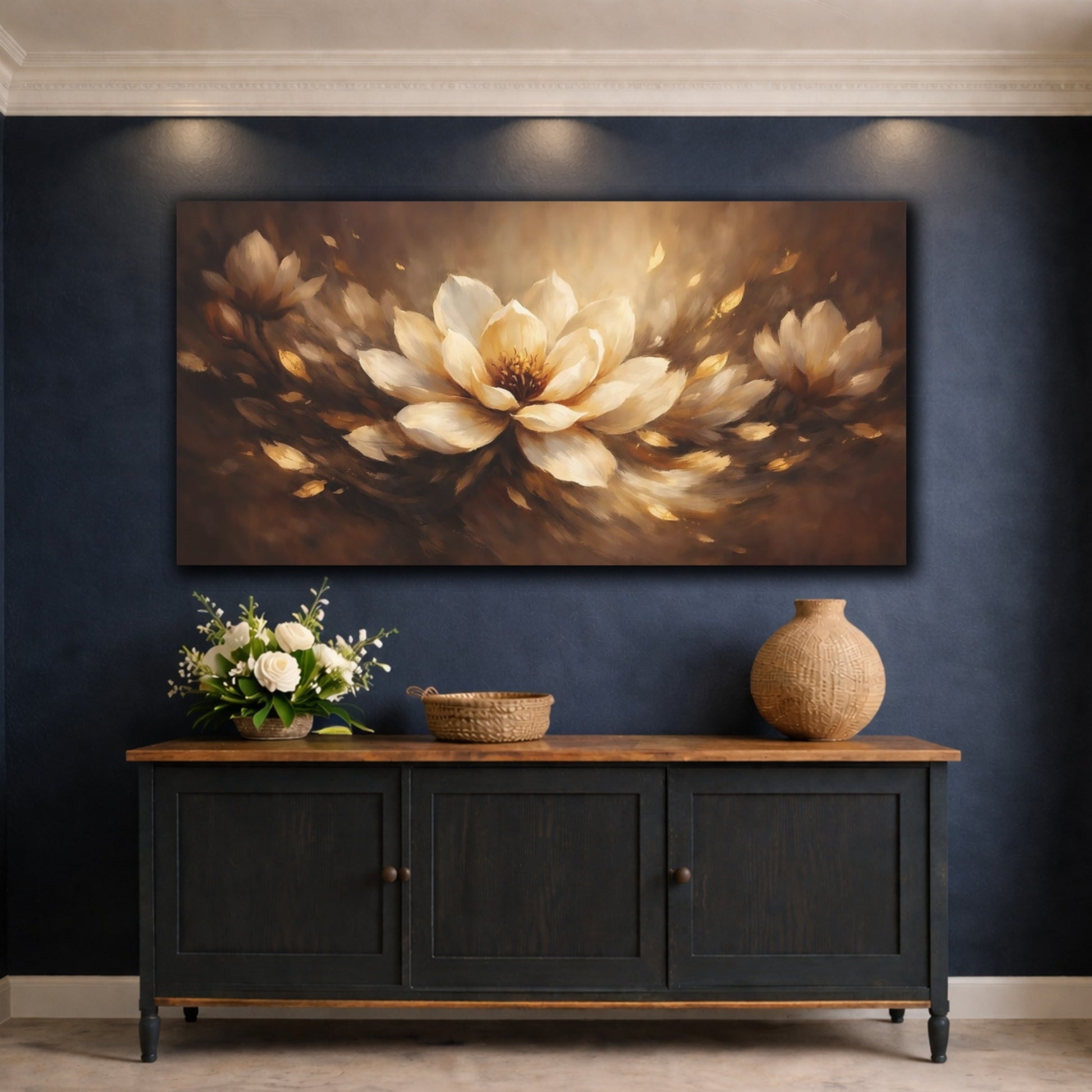 Mockup 4. Floral Lotus Flower Brown Gold Floral shown as stretched canvas wall art