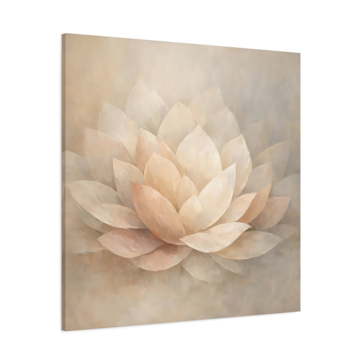 Main Mockup. Floral Lotus Flower Cream And Beige shown as stretched canvas wall art
