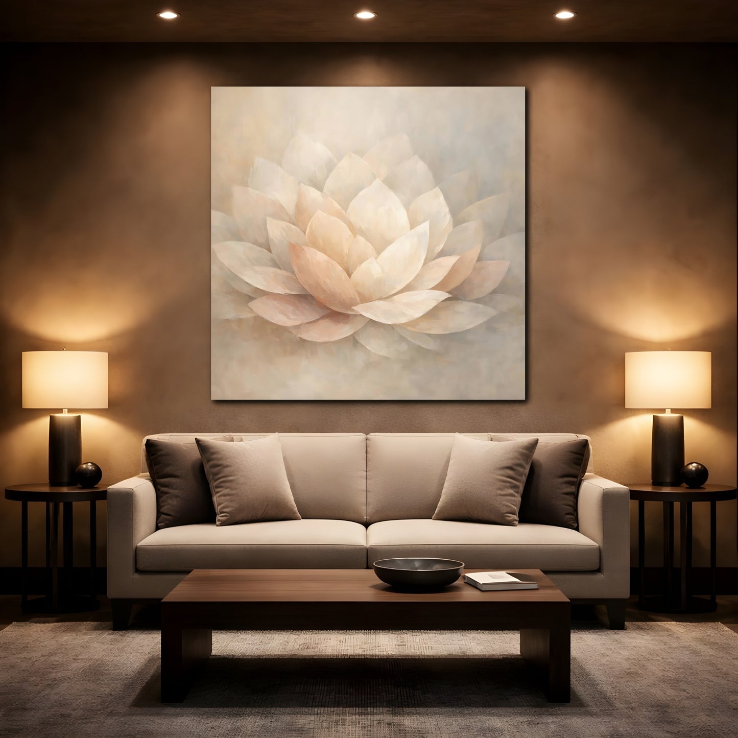 Mockup 2. Floral Lotus Flower Cream And Beige shown as stretched canvas wall art
