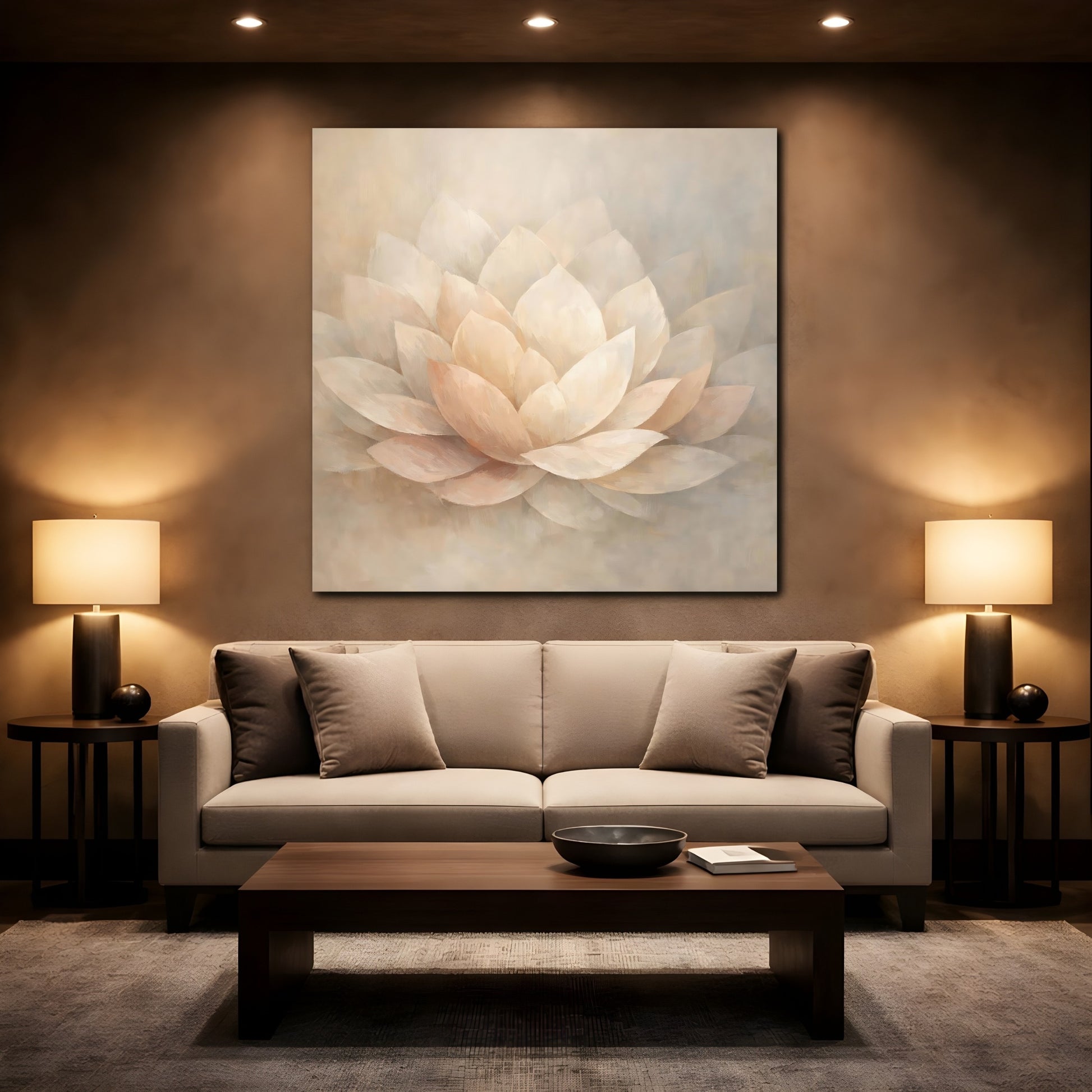 Mockup 2. Floral Lotus Flower Cream And Beige shown as stretched canvas wall art