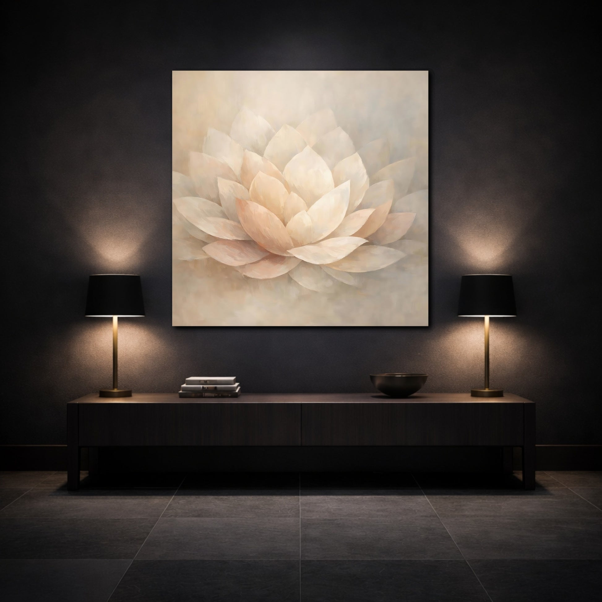 Mockup 3. Floral Lotus Flower Cream And Beige shown as stretched canvas wall art