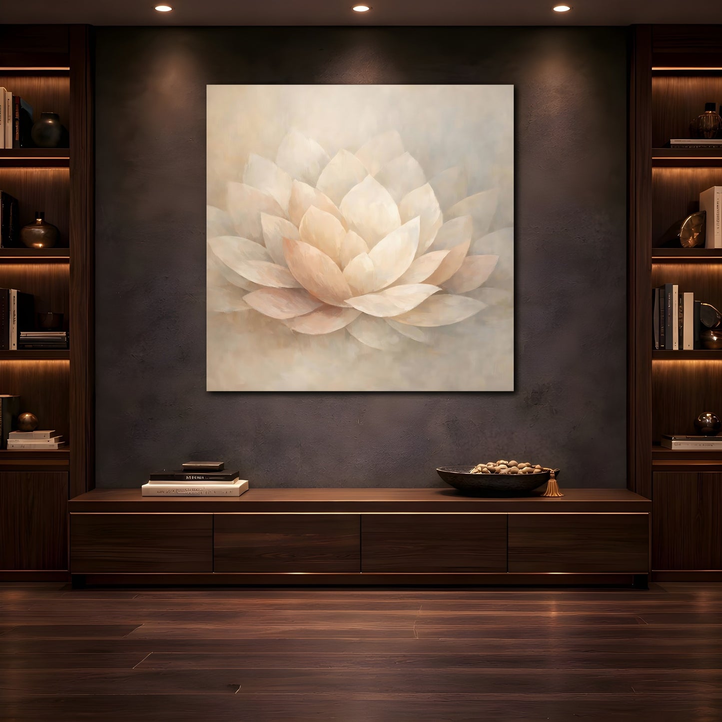 Mockup 4. Floral Lotus Flower Cream And Beige shown as stretched canvas wall art