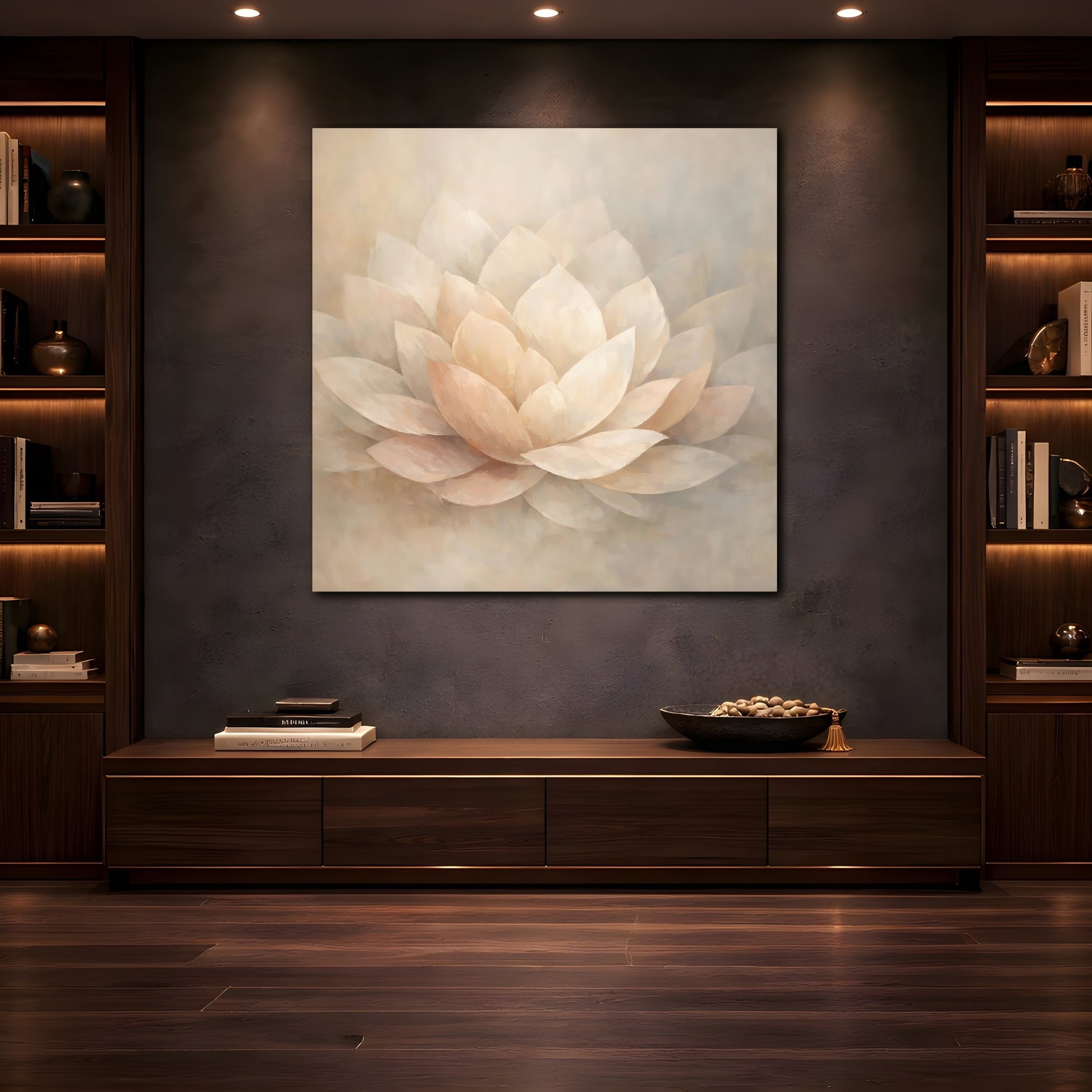 Mockup 4. Floral Lotus Flower Cream And Beige shown as stretched canvas wall art
