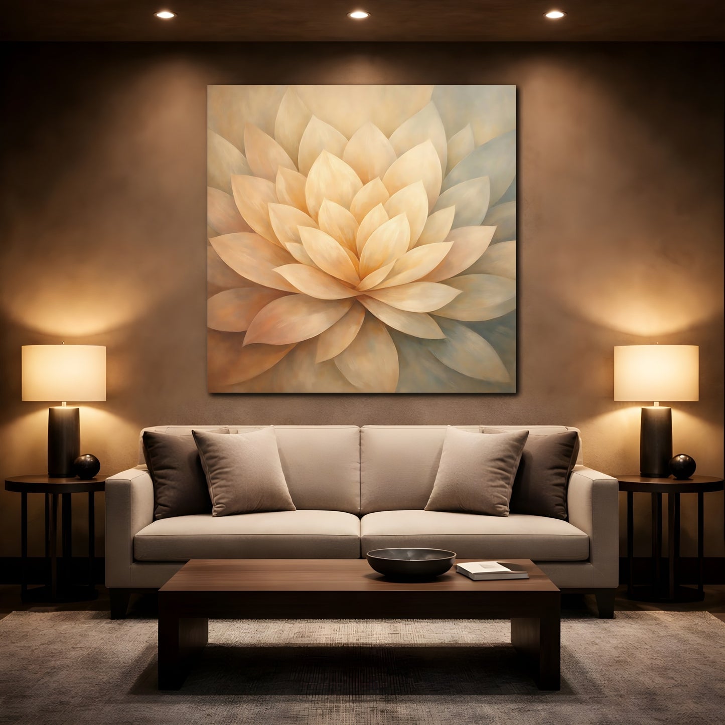 Mockup 2. Floral Lotus Flower Cream Lotus shown as stretched canvas wall art