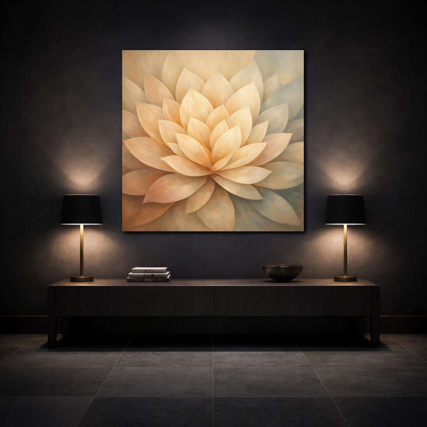 Mockup 3. Floral Lotus Flower Cream Lotus shown as stretched canvas wall art