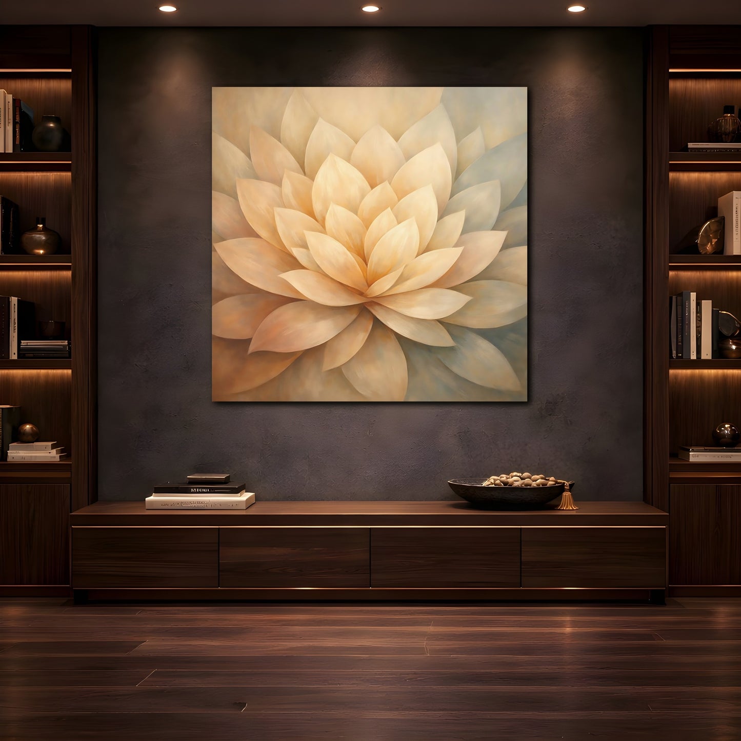 Mockup 4. Floral Lotus Flower Cream Lotus shown as stretched canvas wall art