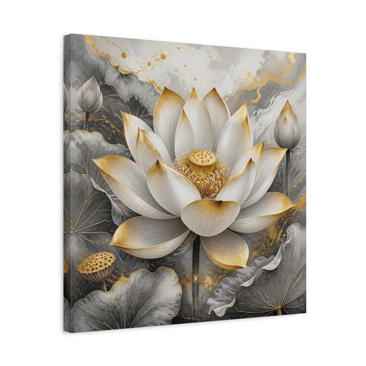Side Mockup 5. Floral Lotus Flower Gold And Gray Lotus shown as stretched canvas wall art